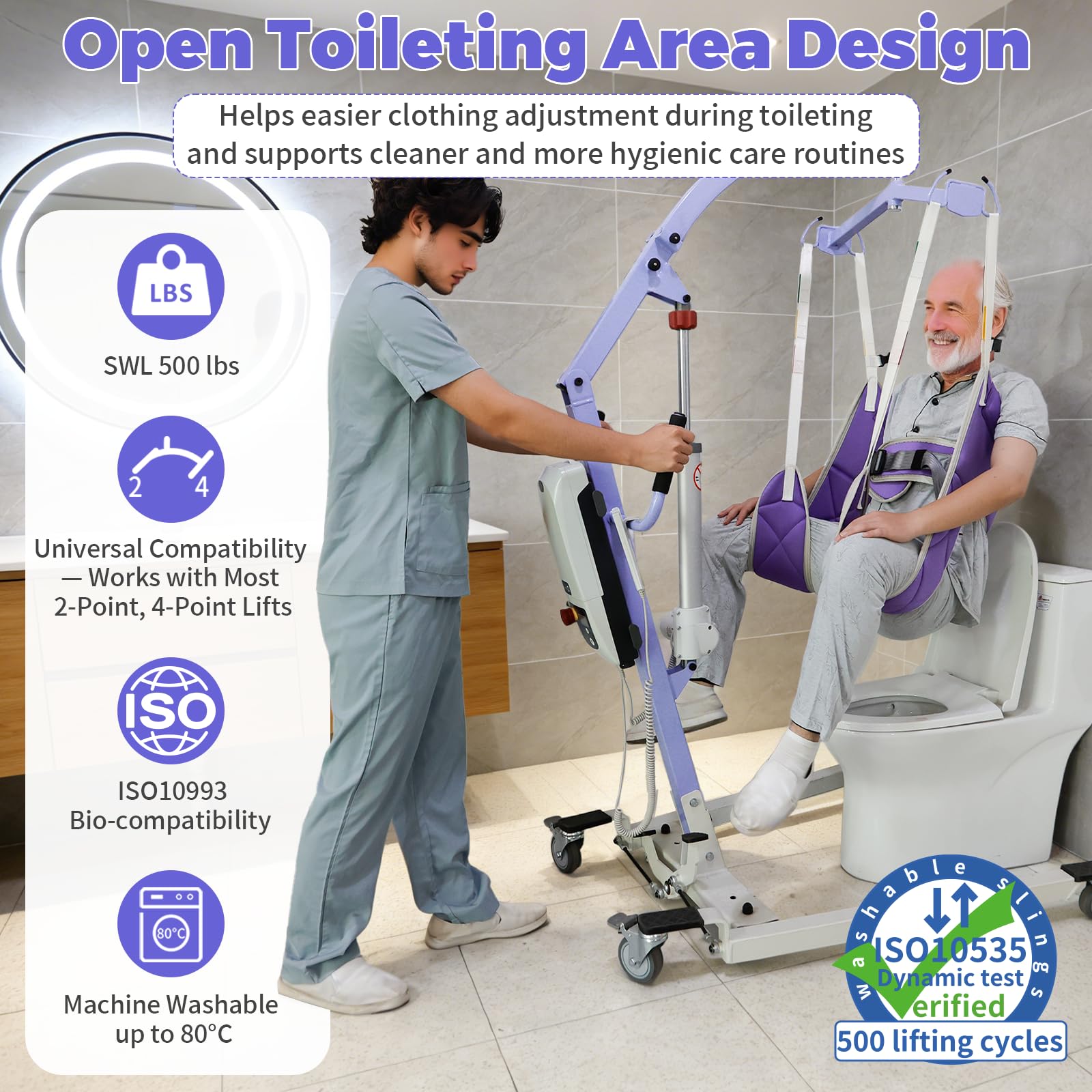 EZ Assistive Cintura di sollevamento paziente – Cintura di sollevamento per anziani/disabili per il bagno o la toilette, portata 227 kg (viola senza poggiatesta, media)
