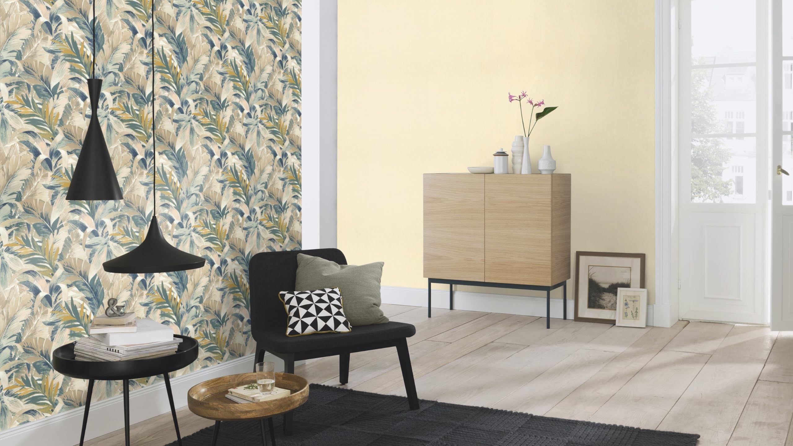 Rasch Papel pintado 865202 – Papel pintado con hojas de palma en beige, verde y azul, papel pintado con palmeras, 10,05 m x 0,53 m (largo x ancho)