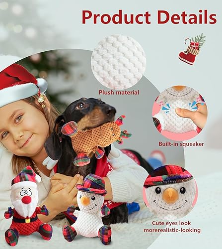 Miniatura 2 de BUYPOW Juguetes navideños para perros grandes, paquete de 3 juguetes de peluche chirriantes para perros medianos y pequeños, juguetes de peluche