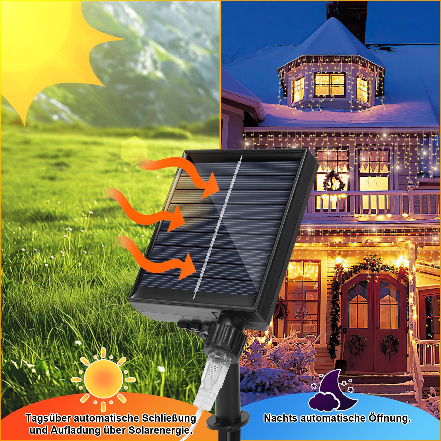 Daromigo Solarny łańcuch świetlny z lodowym deszczem, na zewnątrz, 15 m, ciepła biel, 600 diod LED, z baterią i pilotem zdalnego sterowania, na taras, do ogrodu, na Boże Narodzenie, wesele, imprezę