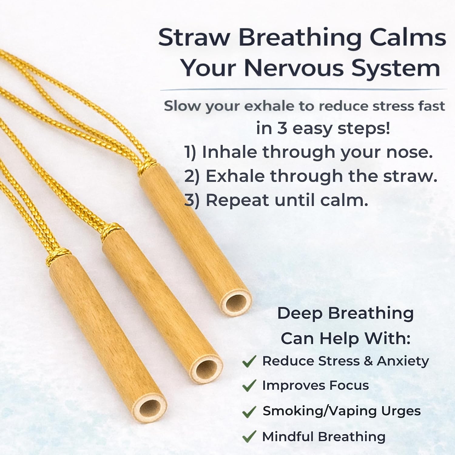 25-Pack Wholesale Stress Straws Mindful Breathing Necklaces on Gold Elastic Cord, All-Natural Bamboo Deep Breathing Tool