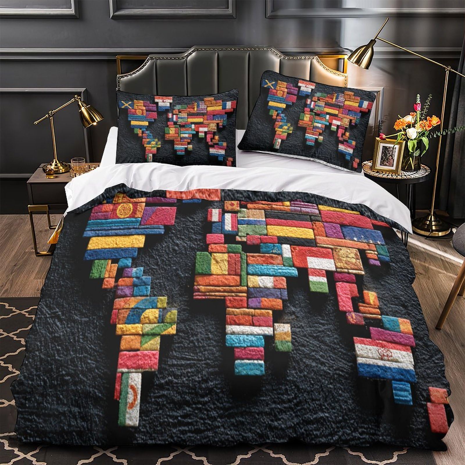 Housse de Couette Enfant avec Carte du Monde Colorée pour Déco de Chambre Double