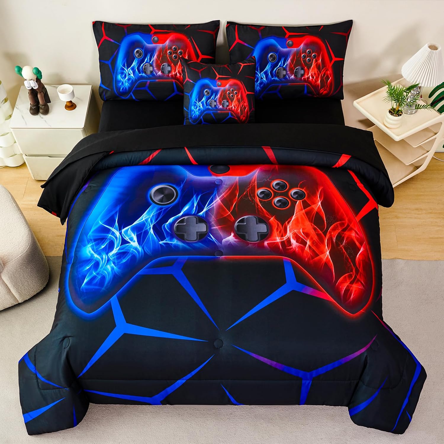 ZRNBAST 6-Piece Gamer Comforter Set Full Size Red and Blue Gaming Bedding Sets for Boys with Sheets Soft Fluffy Game Console Design Bed in a Bag (Red Blue, Full) - Image 2