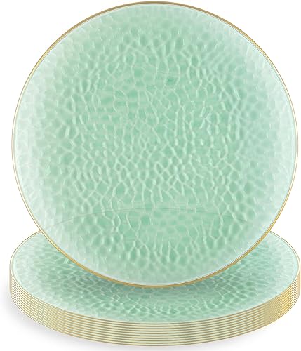 Blue Sky Platos redondos de plástico verde martillado orgánico con borde dorado, 9 pulgadas (10 unidades)  Elegante vajilla desechable para fiestas