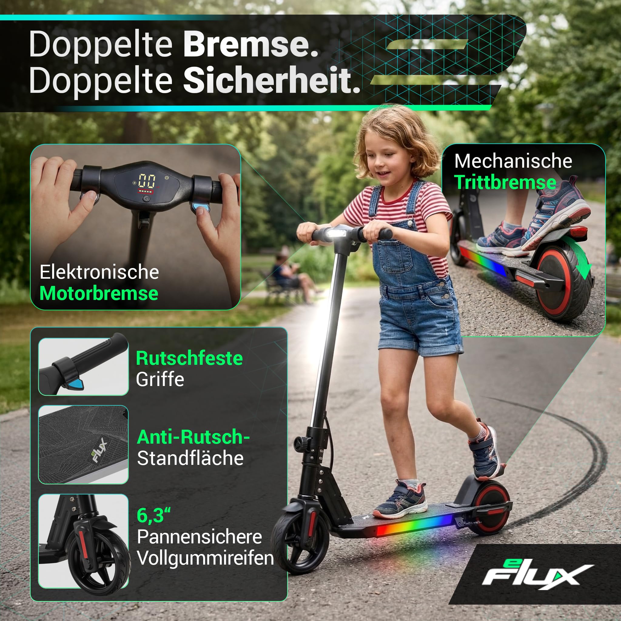 eFlux Kids K1 E Scooter | E Roller für Kinder ab 6 Jahren - Scooter mit LED Beleuchtung - Elektroscooter leicht - Elektroroller klappbar - Geschwindigkeit bis 𝟏𝟔 𝐤𝐦/𝐡 - Reichweite bis 𝟏𝟓 𝐤𝐦