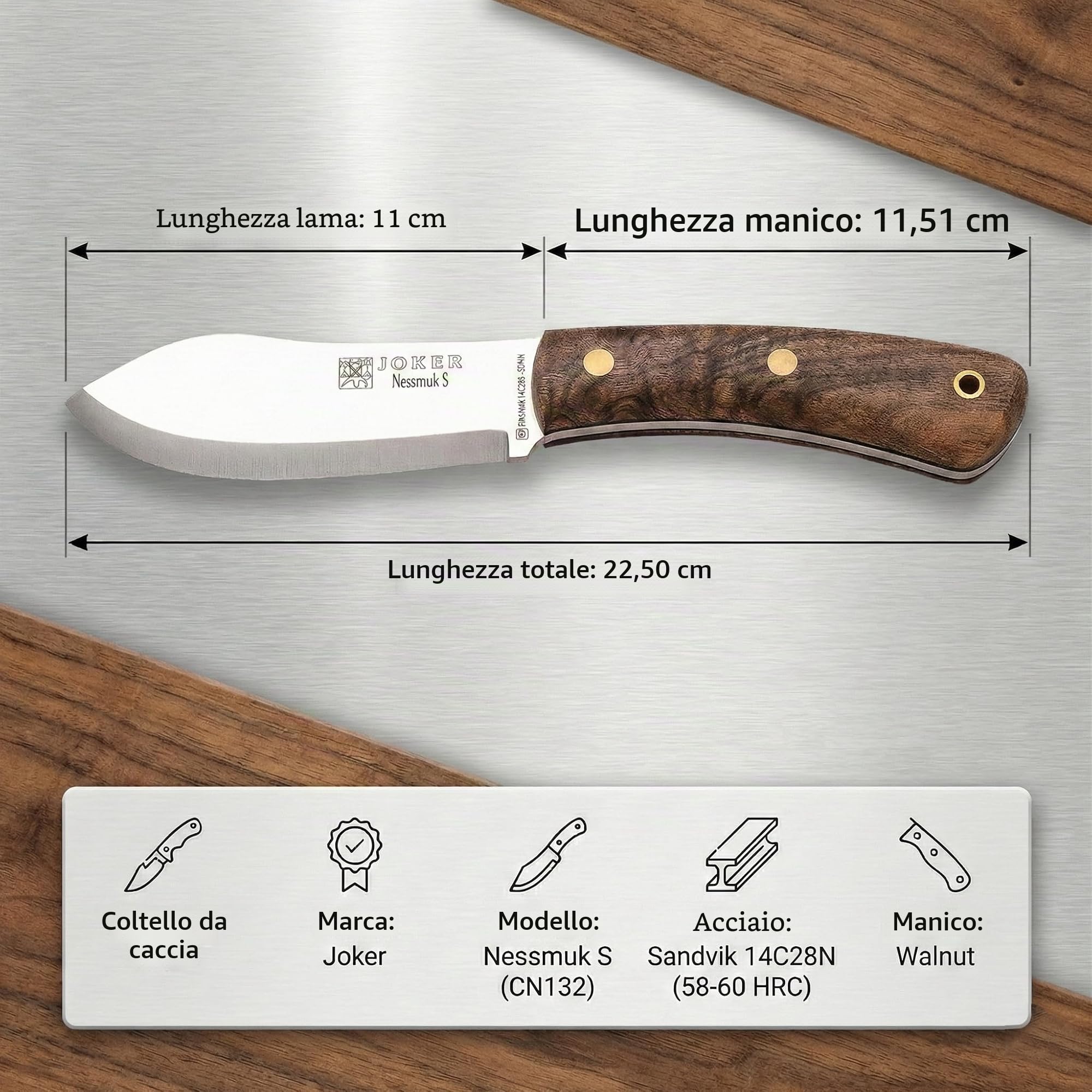 joker Coltello da caccia Nessmuk S CN132, mango Noce, lama 11 cm Sandvik 14C28N, con fodero in pelle marrone, per la pesca, la caccia, il campeggio e l'escursionismo