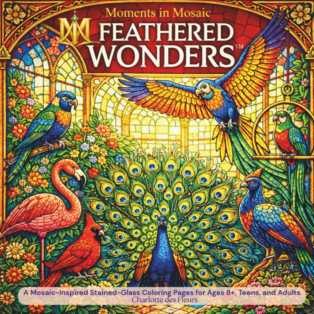 MOMENTS IN MOSAIC: Feathered Wonders: A Mosaic-Inspired Stained-Glass Coloring Book for Ages 8+, Teens, and Adults