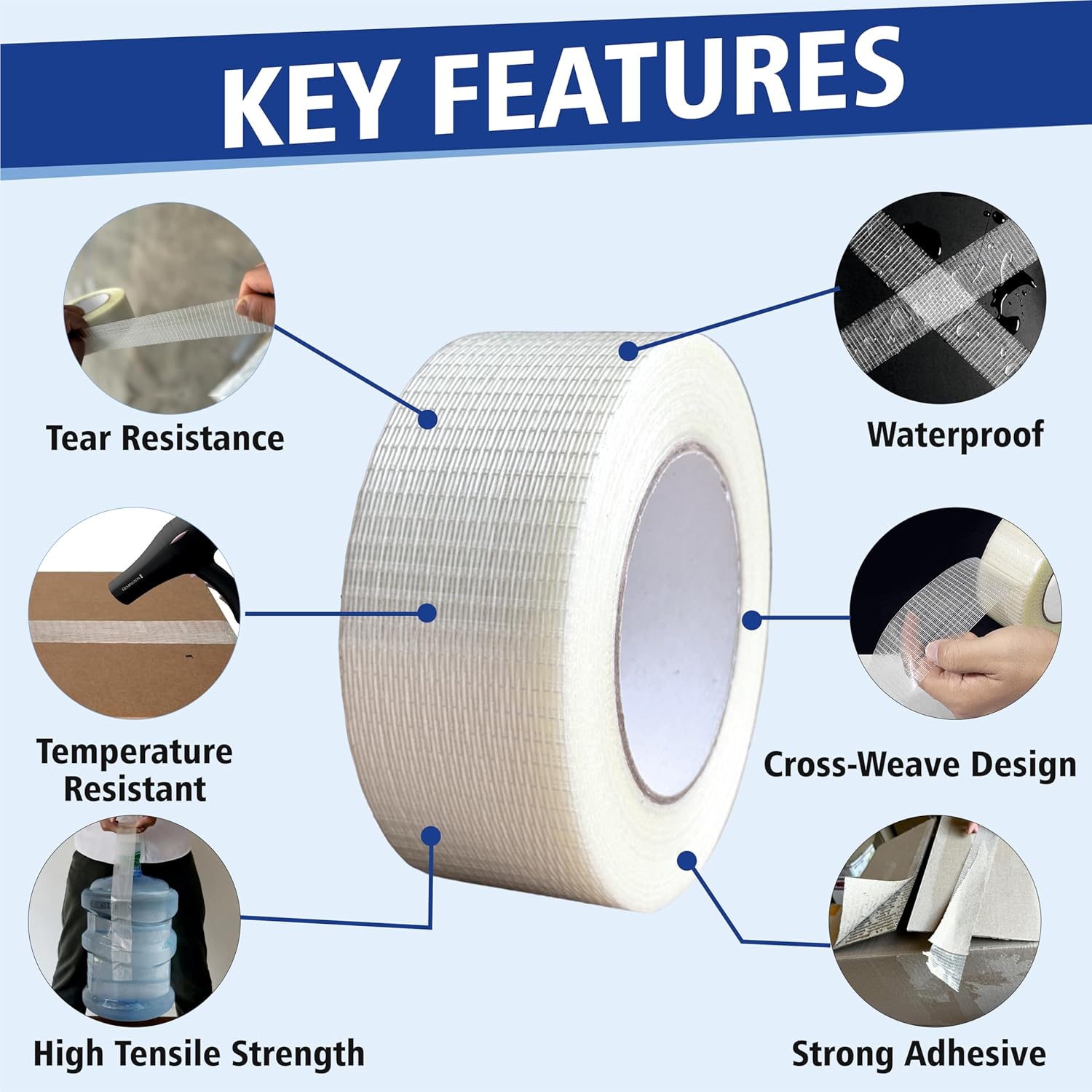Filament Tape Bi-Directional Cross Weave, Fiberglass Reinforced Strapping Tape, Heavy Duty Industrial Packing & Palletizing, Strong Adhesive Shipping Tape 2" x 60 Yards - 4 Rolls