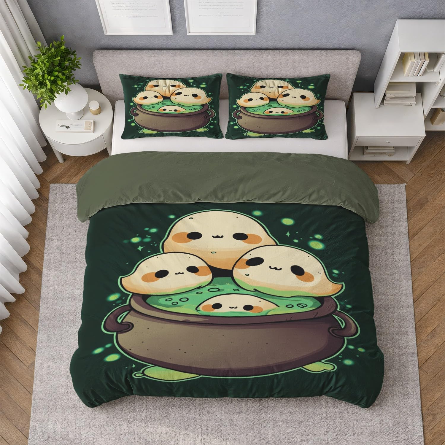 Générique Poszwa na kołdrę zielona beżowa dekoracja wnętrz 220 x 240 cm Cartoon mikrofibra zestaw pościeli uroczy tygiel duch dwustronna poszwa na kołdrę z zamkiem błyskawicznym