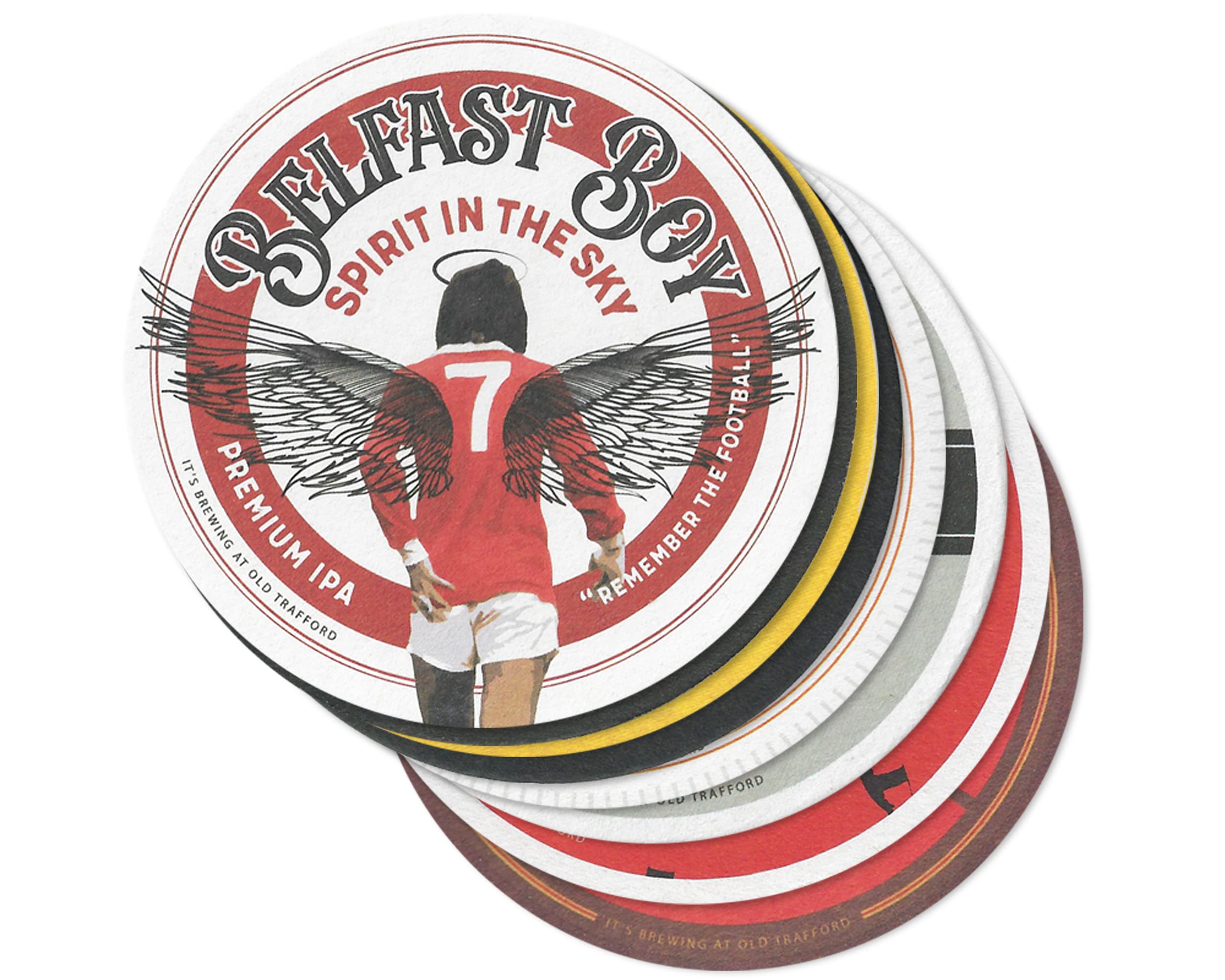 Manchester Beer Mats Set 1, 6x Themed Football team, Old Trafford Club - Drink coasters, Designs: Roy Keane, George Best, Eric Cantona, Paul Scholes, Bruno Fernandes, Marcus Rashford - Gift