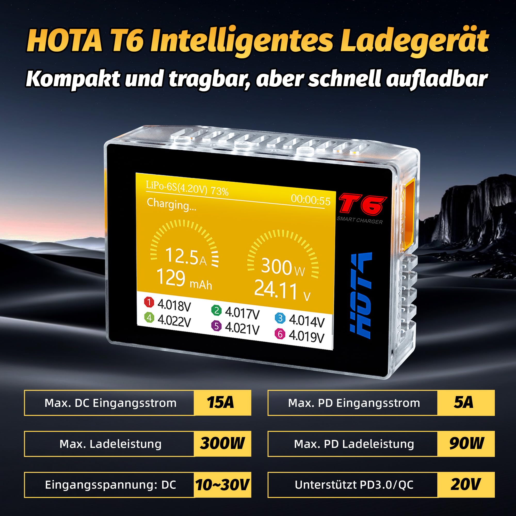 HOTA T6 1-6S Lipo Akkuladegerät, RC Smart Akkuladegerät | 300W, XT60, PD Doppeleingang, 15A RC Autoladegerät, unterstützt PD3.0, QC Schnellladeprotokolle