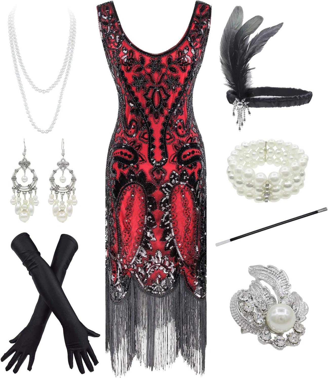 YENMILL1920s Vintage Peacock Sequin Fringed Party Flapper Dress w 20s Accessories set