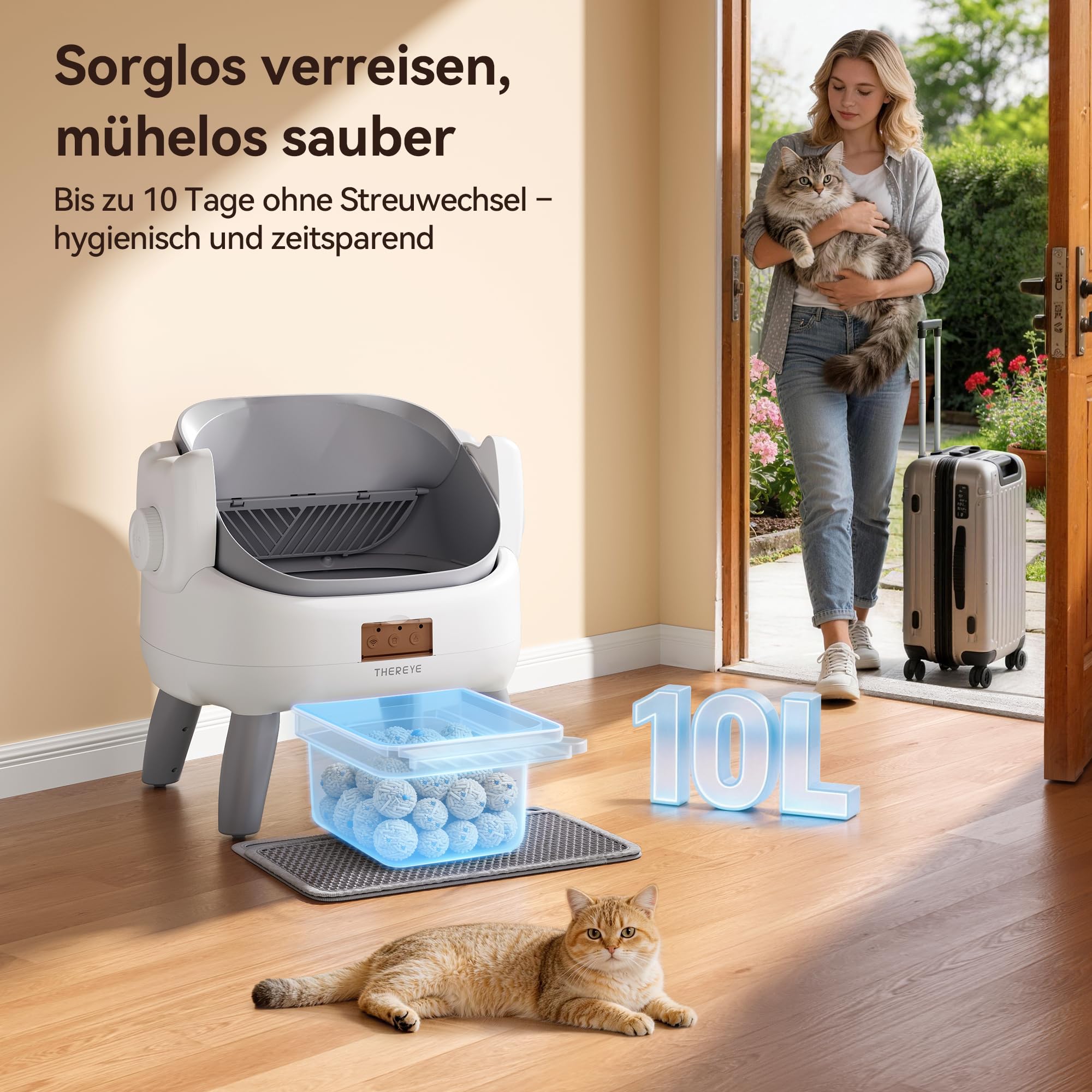 Thereye Selbstreinigende Katzentoilette mit Einstiegstufe,Katzenklo Selbstreinigend Offenes mit App-Steuerung,11-facher Sicherheitssensor,Sicherer Einklemmschutz,Geruchsbeseitigung für mehrere Katzen