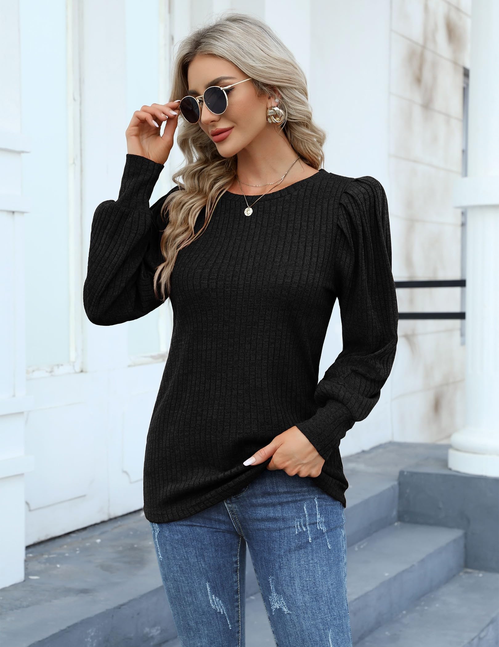 Hotouch Maglione Lavorato a Maglia Donna Elegante Collo Rotondo Maniche a Sbuffo Autunno Pullover Sottile Manica Lunga Tinta Unita Confortevole Top Lavorato a Maglieria