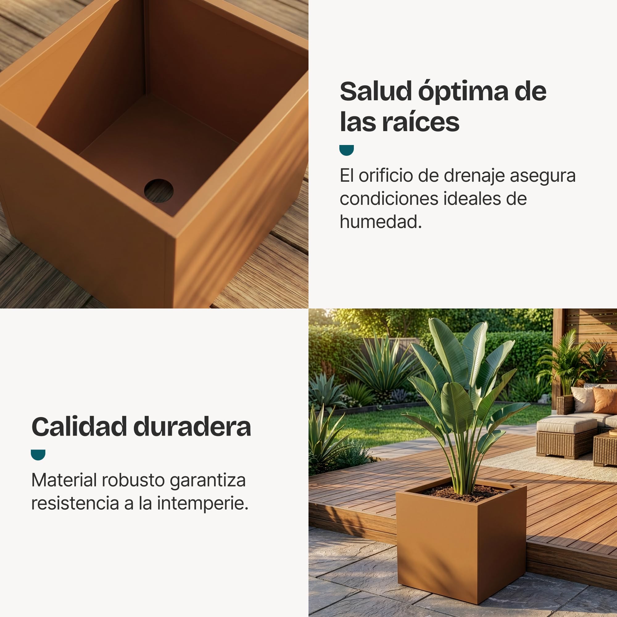 casa.pro Jardinera Vaargel Macetero Alto Cubo Jardinera Exterior Grande para Terraza Jardín Balcón Patio Drenaje Integrado Acero Galvanizado 60 x 60 x 60 cm - Marrón