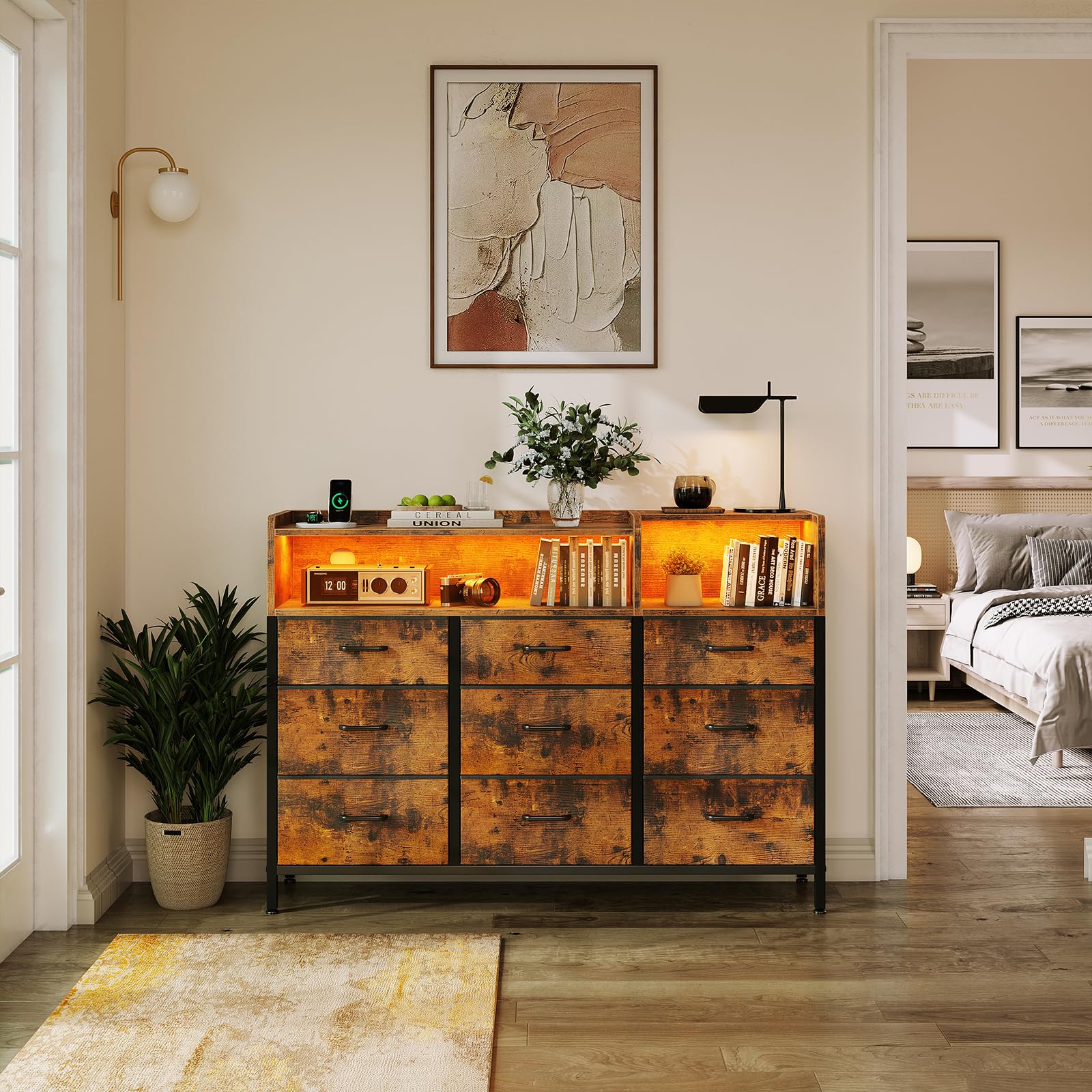 ODK Kommode mit Schubladen, Komodenschrank mit 2 Steckdosen, 2 USB und 10 Farbigen LED-Streifen, Kommode mit Regal Arbeitsplatte mit 9 Stoff Schubladen für Schlafzimmer Wohnzimmer, 130 * 30 * 97cm