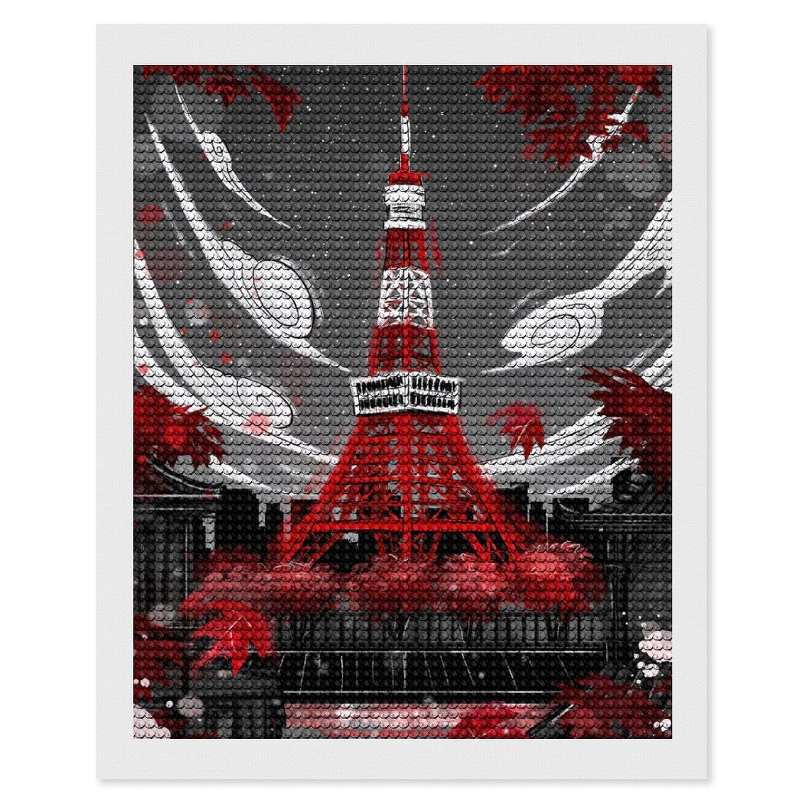 Junmoney Tokyo Tower in Red and Gray Diamond Painting Set 16"x20", Modern Decor, for Beginners, Printed Canvas, Thoughtful Handmade Gift, with Tool Kit