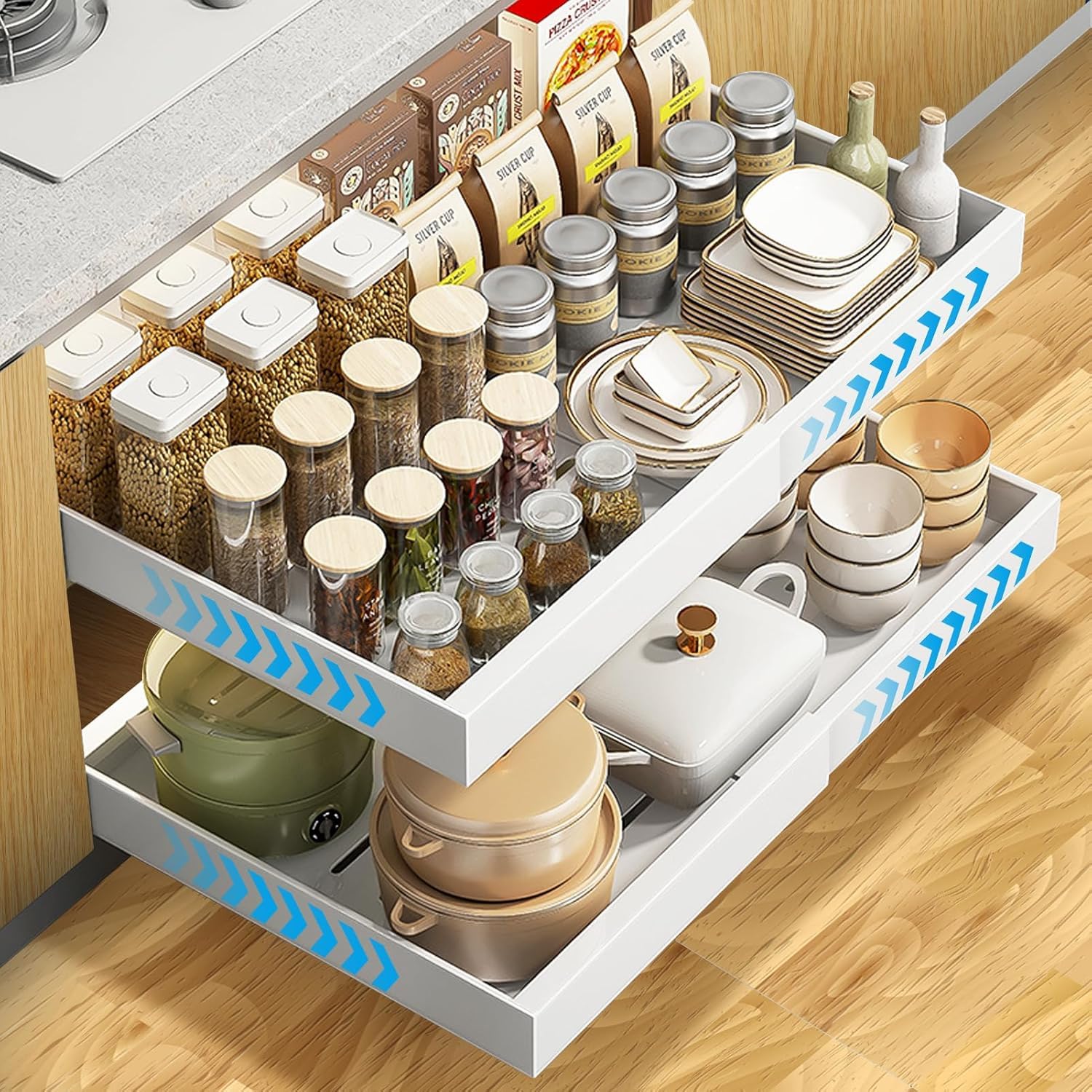 2 cassetti telescopici con sistema a binario, cassetto estraibile da cucina senza foratura, cassetto estraibile per mobili da cucina, organizer per cassetti (2 pezzi bianchi, 32x52cm)