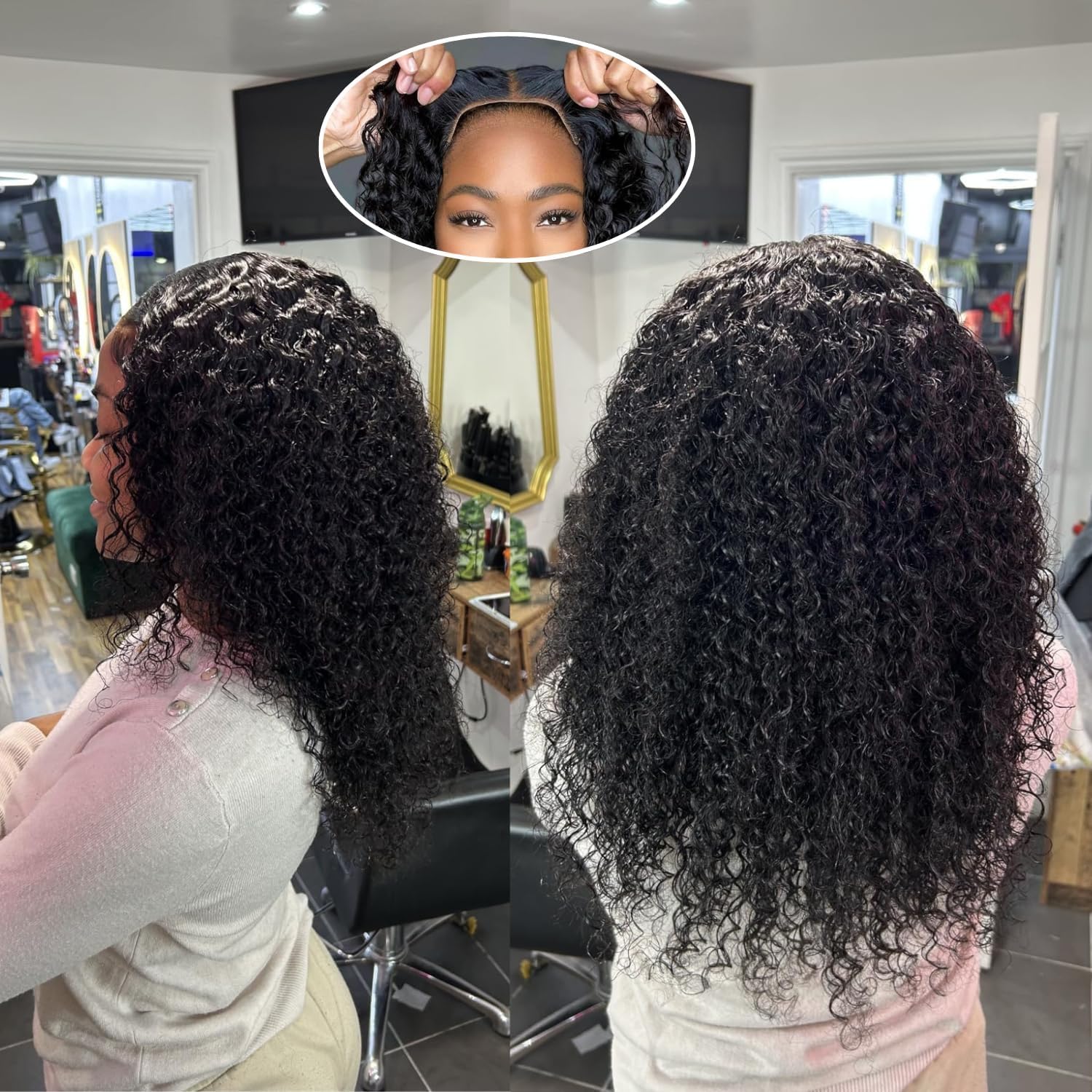 Glueless Wig Human Hair, Perücke Echthaar Damen 4x4 Lace Front Wigs for Women, 200% Density, Afro Kinky Curly Wig Human Hair, No Glue, Pre Cut Lace Wear and Go Real Hair Wig Schwarz 16 Inch