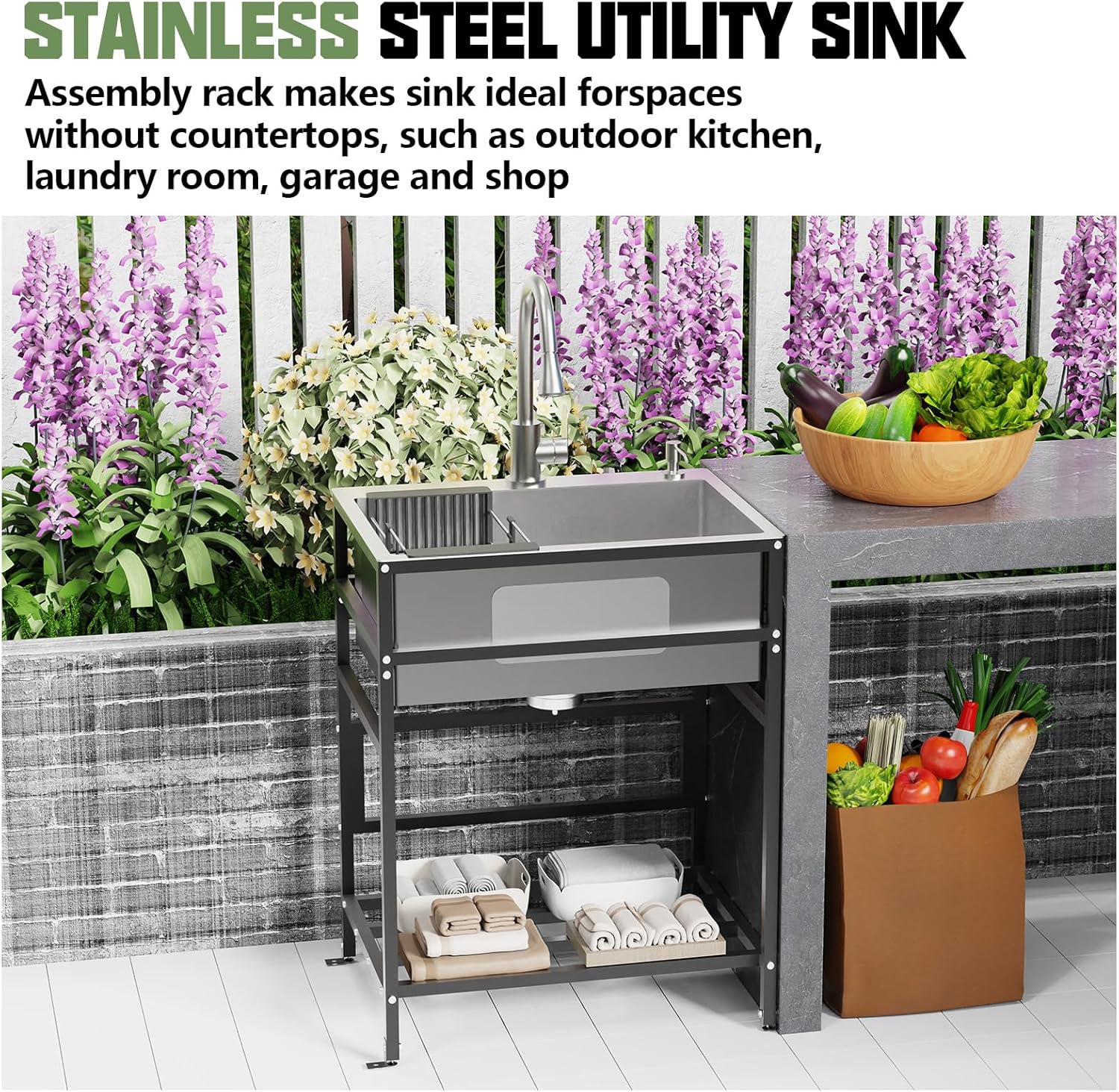 Utility Sink, 25x18 Inch Stainless Steel Freestanding Laundry Sink Practicality With Accessories-Kitchen Faucet,Soap Dispenser, SS Sink Grid, Colander For Laundry,Garage,Outdoor Kitchen,Garden...