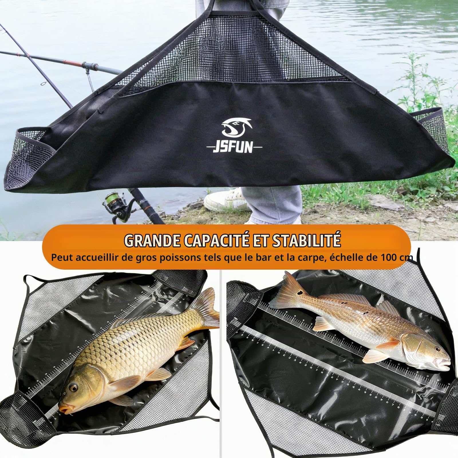 Sac de transport en PVC pour la pêche - Sac de pesée pour poisson - Avec règle à poisson - Tapis de réception pour gros poissons, carpes, poissons-chats - Noir