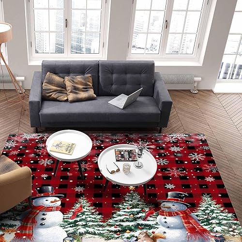 Miniatura 5 de Alfombra de área de muñeco de nieve de Navidad, árbol de Navidad, copos de nieve, rojo y negro, a cuadros, antideslizante, lavable, alfombra para