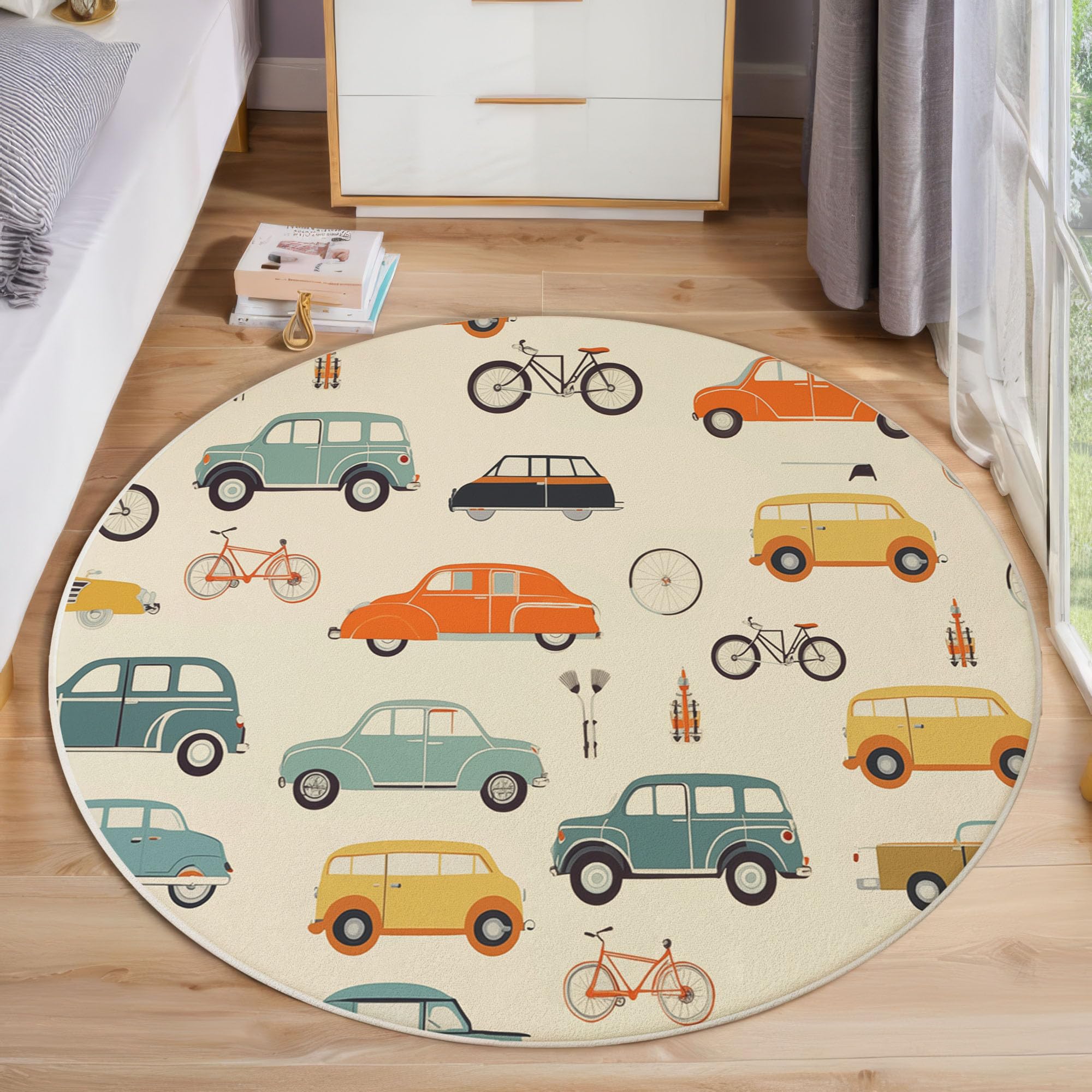 Teppich Rund Ø 120cm, Weich Flauschiger rutschfest Senfgelb Teppich, Waschbar Autos Fahrräder Bedruckter Retro Kindlicher Stil Runder Teppiche, für Wohnzimmer Schlafzimmer Kinderzimmer