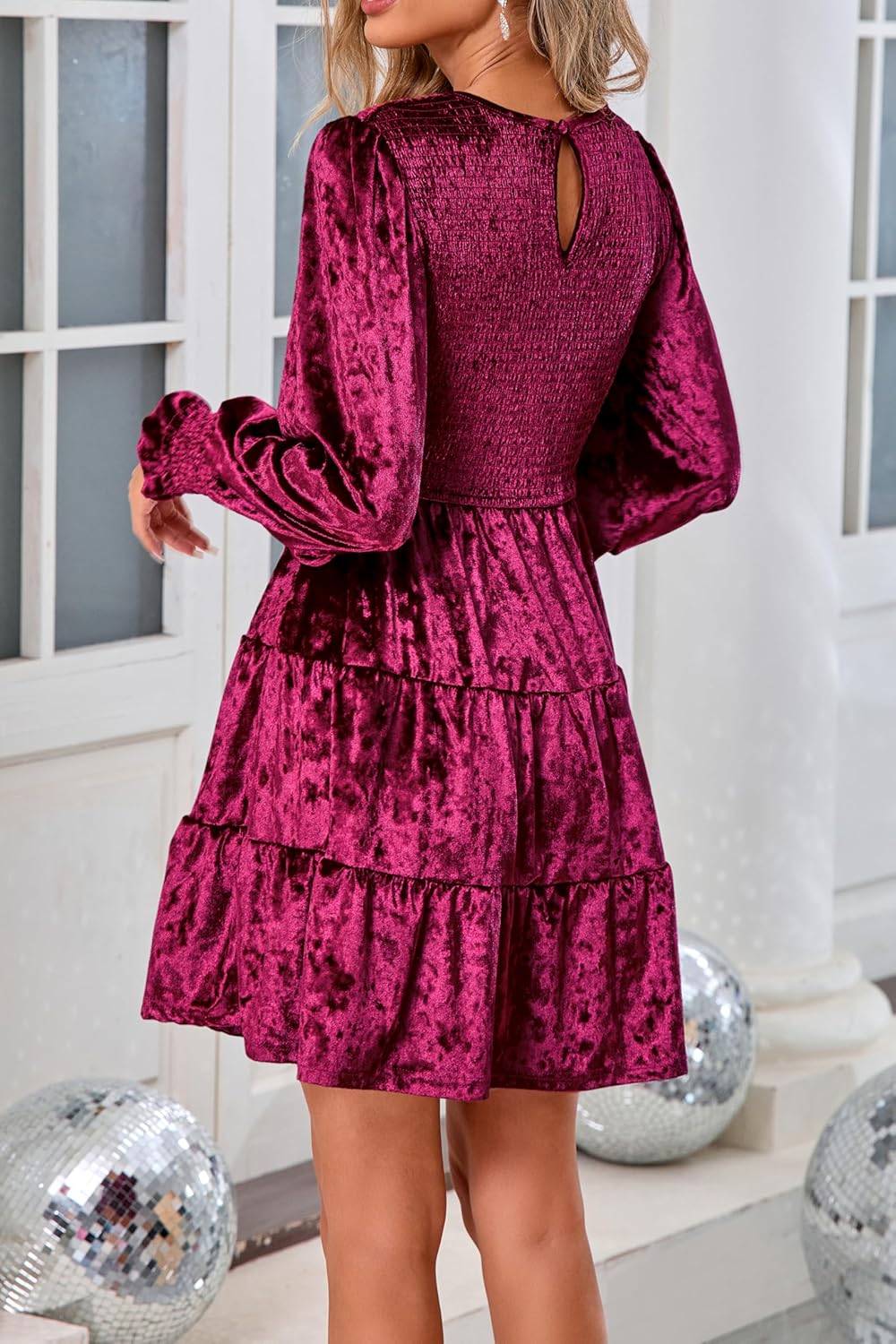 Women's Winter Crushed Velvet Mini Dress Solid Casual Round Neck Long Sleeve Smocked Tiered High Waist Short Dresses - Image 5
