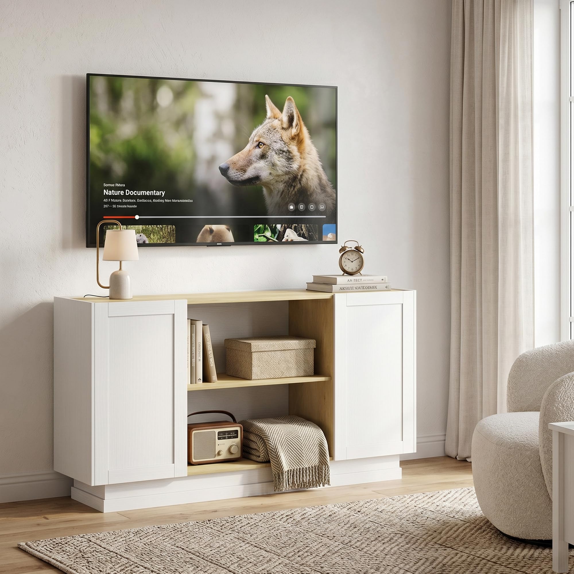 HOMCOM Aparador con 2 Estantes Abiertos 133x35x79,7 cm Natural y Blanco | Armario de Cocina Moderno, 2 Puertas de Cierre Suave, Mueble de TV para 60 Pulgadas, para Salón, Comedor