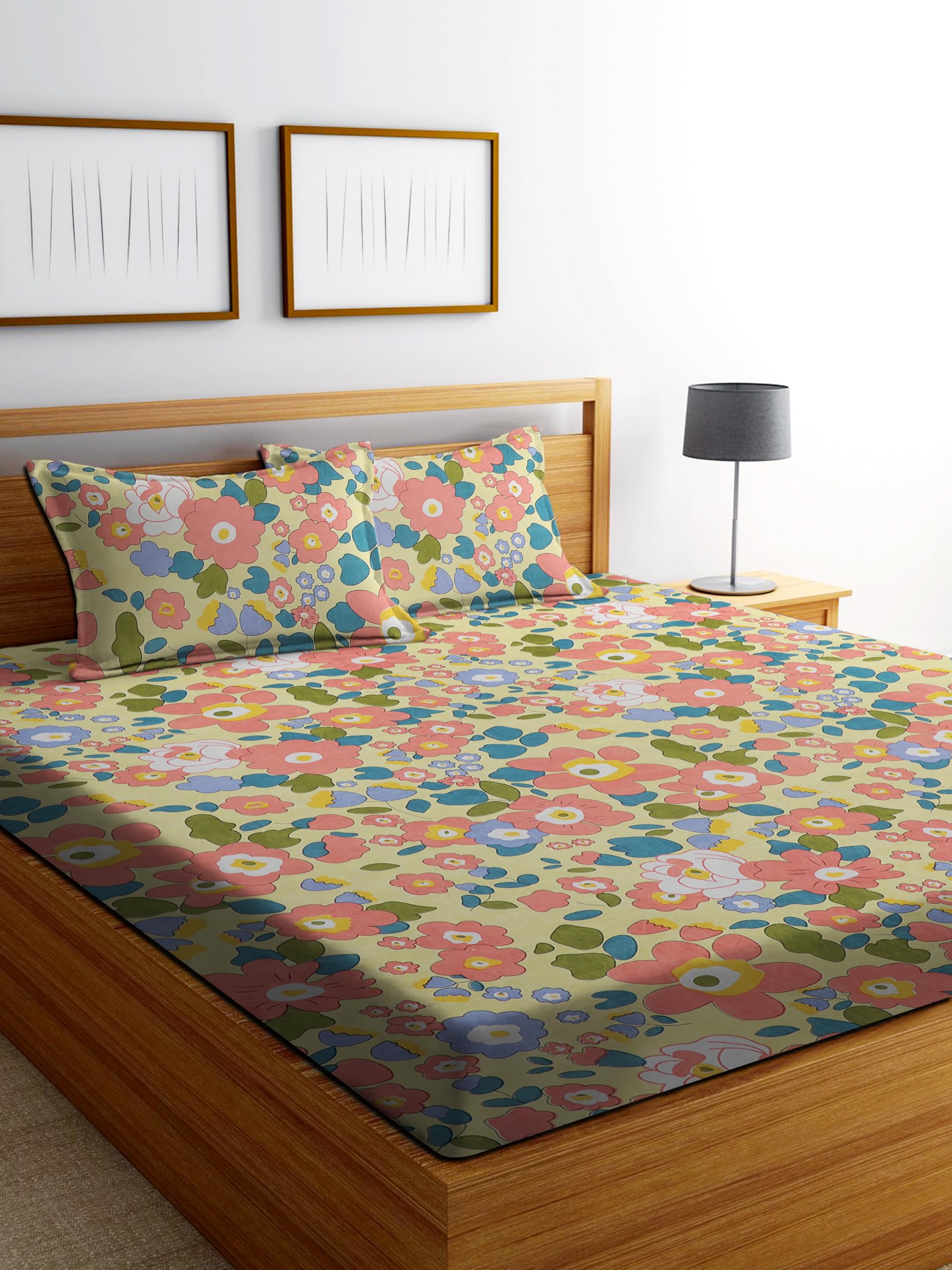 DECORUM Glace Cotton Fitted 1 Bedsheet King Size (72"x78") | All Around Elastic | Cotton Feel | 2 Pillow Covers (17"x27") | Fits Up to 8" Mattress | 200-220 TC | Printed Double Bed Sheet Set