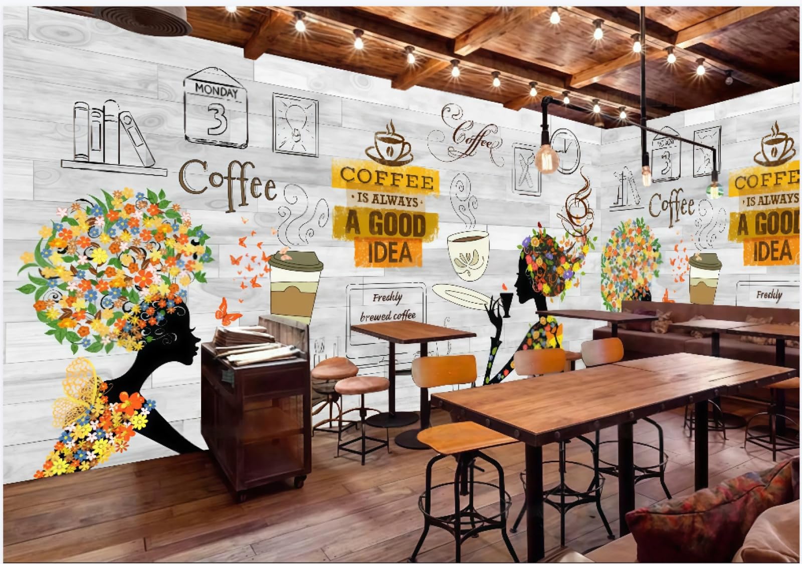 Tapeta Moda Drewniana Deska Ręcznie Malowane Litery Kawy Bar Napoje Tło Ściana Zachodnia Restauracja Tapeta Kawiarnia Mural, 3D, 150 x 105 cm