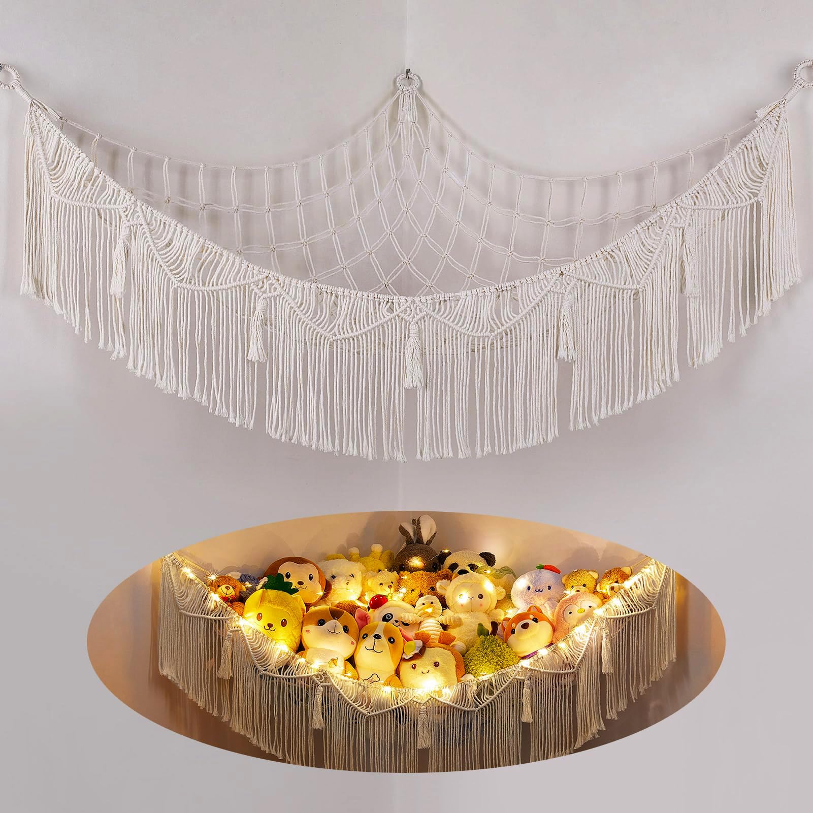 CanJoo Stuffed Animal Hammock with LED Light Corner Hanging Net for Stuffed Animals Storage Girls Room Decor Stuff Animals Organizer Holder with Tassels Toy Hammock Storage (Beige)