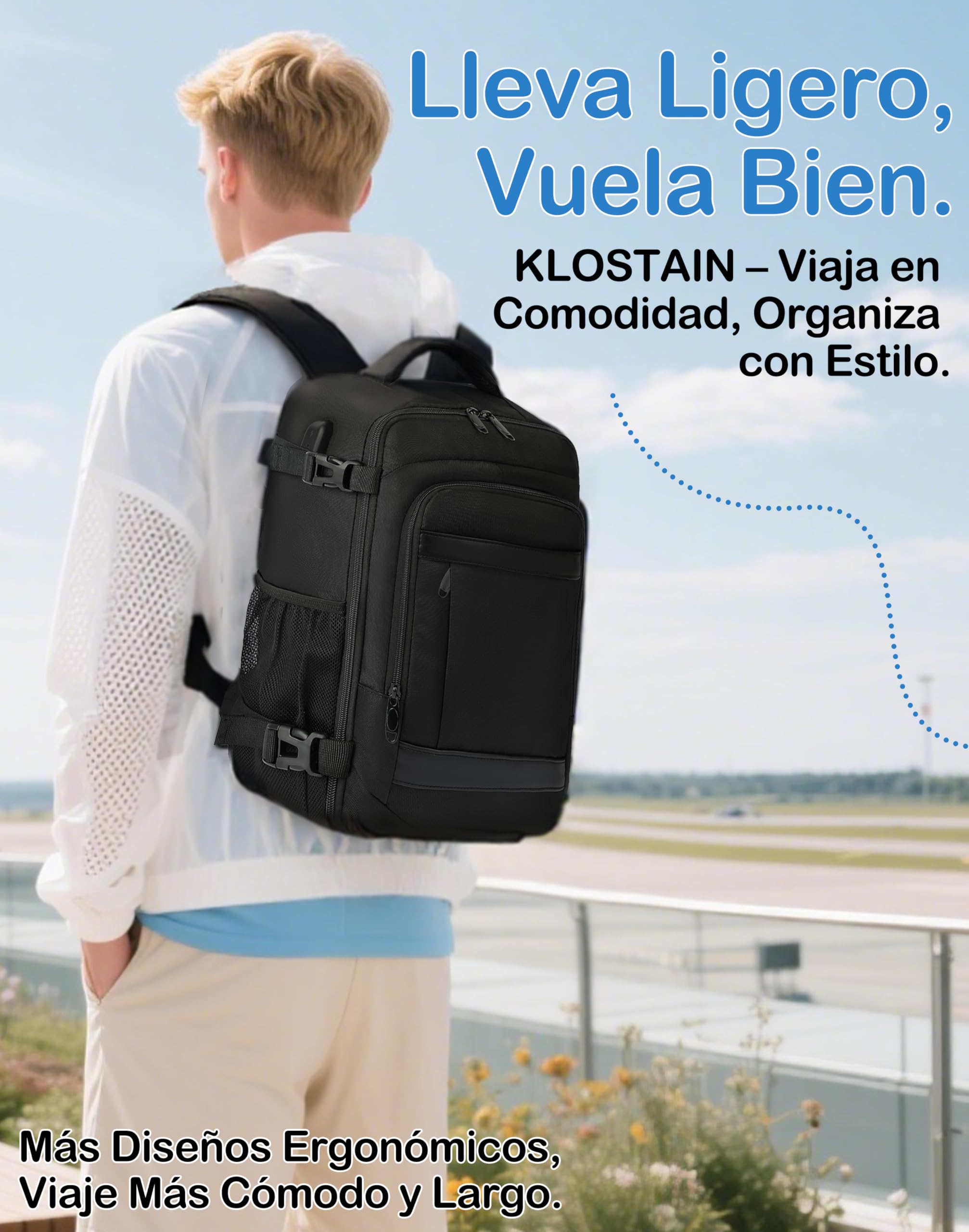 KLOSTAIN Mochila Viaje Cabina Avion 40x20x25 para Ryanair 20L Mochila Cabina Equipaje de Mano Bolso Mochilas Hombre para Portatil Negro