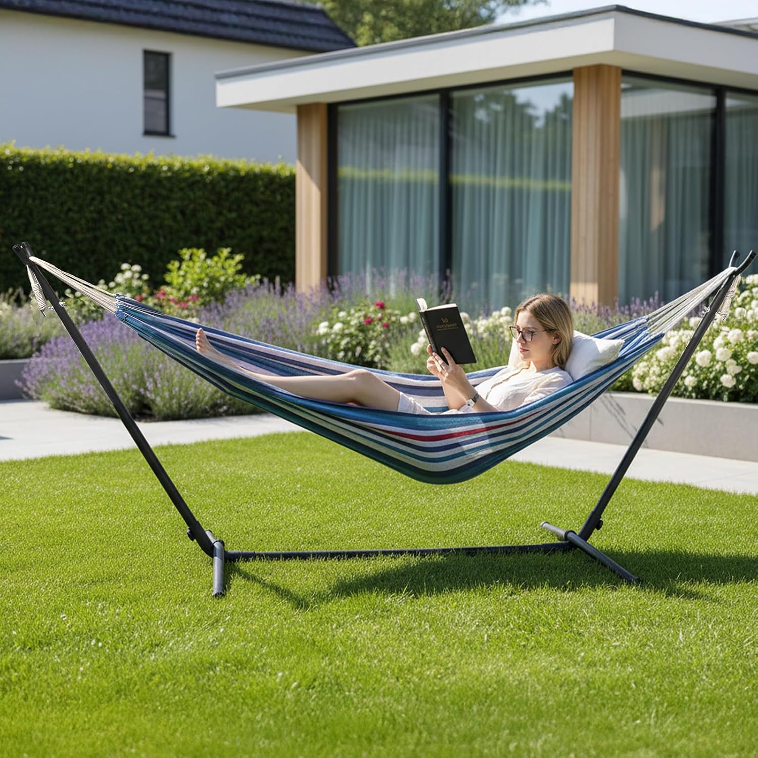 ONCLOUD Double Hammock with 9 FT Stand Space Saving Carrying Case (Purple Blue)