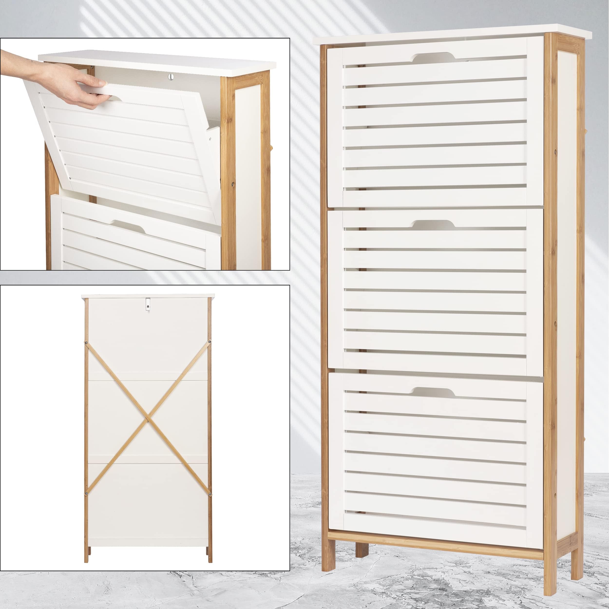 ONVAYA® Bambus Schuhkipper in Weiß | Platzsparender Schuhkipper mit 3 Klappen | Schmaler Schuhschrank mit Platz für 9 Paar Schuhe | Robustes Material mit Aussparungen für Luftzirkulation