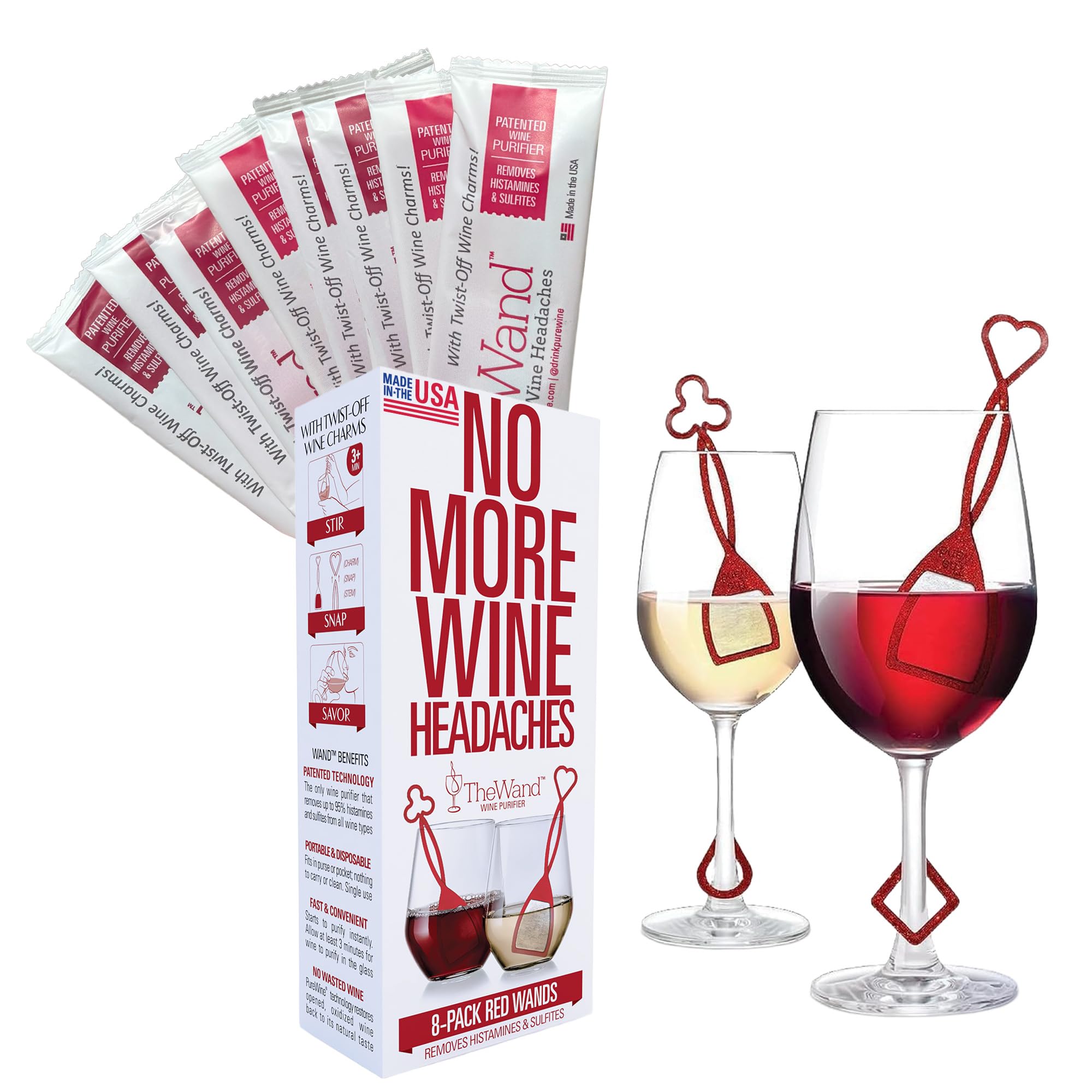 PureWine The Wand Wine Purifier - Red & White Wine Filters for Histamines & Sulfites, Sulfite Remover Sticks, Helps Allergies & Headaches, Gift Accessories for Women & Men - 8 Wands, Red