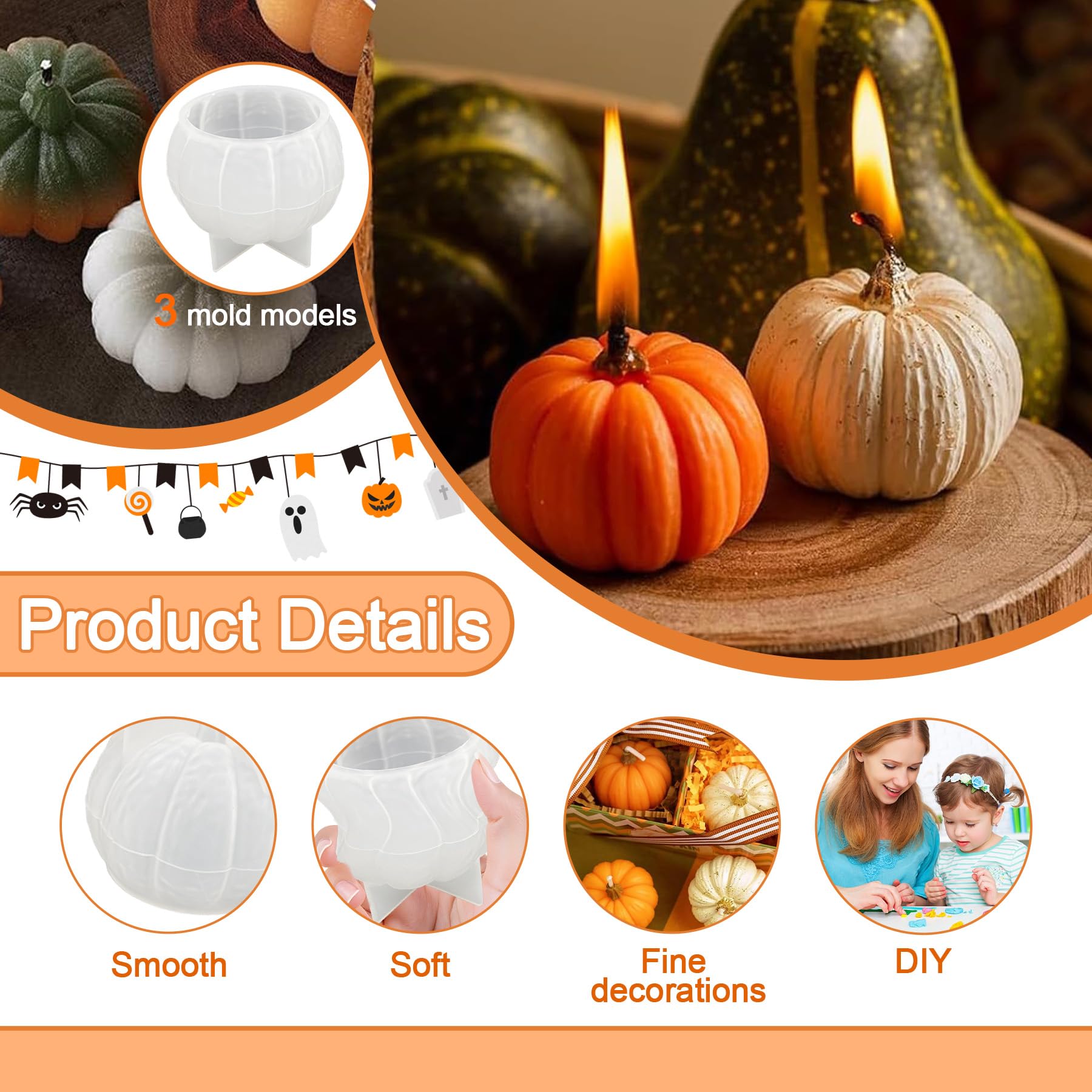3-teilige Kürbis Silikonformen - DIY Kerzenhalter Für Halloween & Herbst