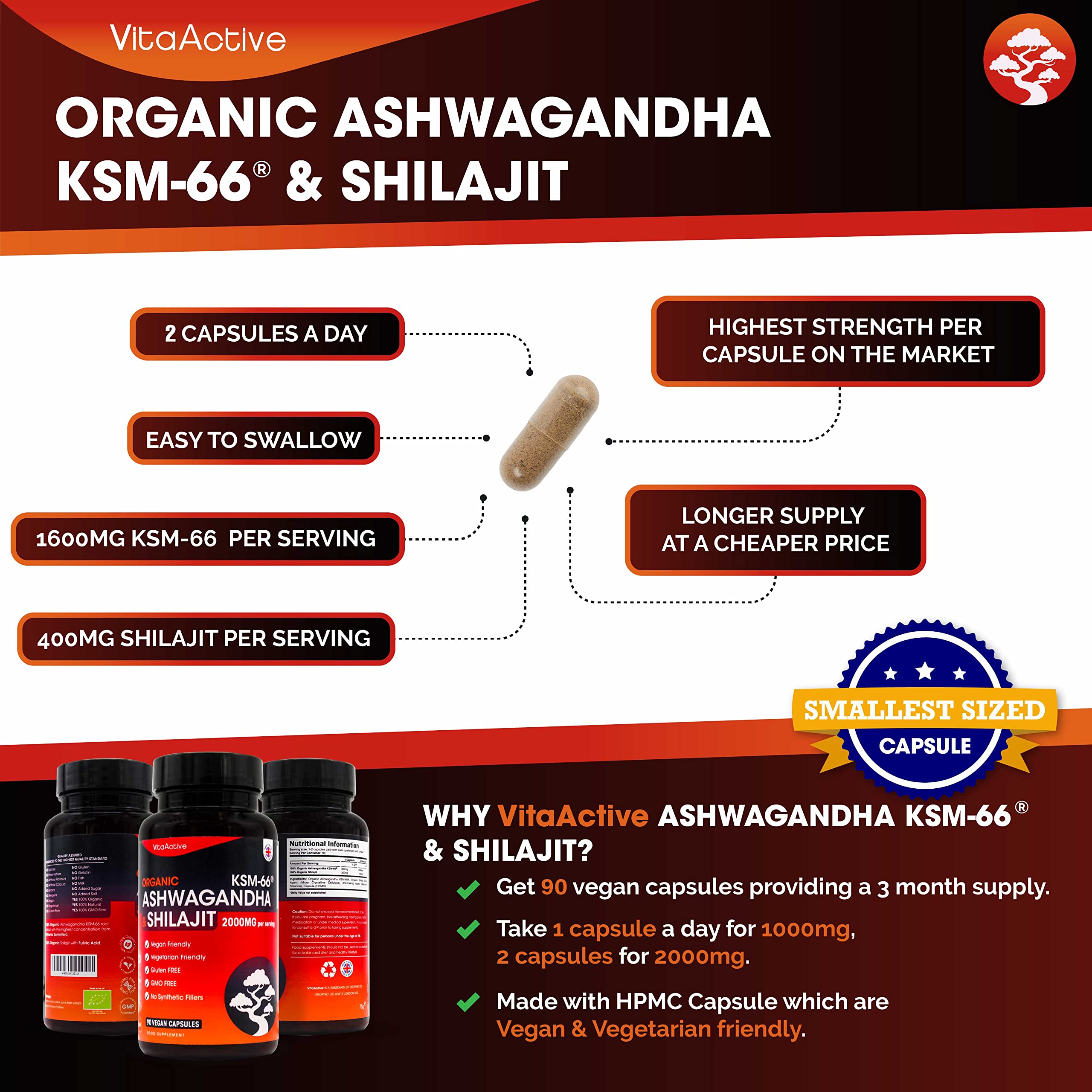 Organic Ashwagandha KSM66 & Shilajit 1000mg of Ashwagandha KSM 66 and