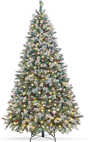 Árbol de Navidad artificial preiluminado de 6 pies con 275 luces LED, 56 conos de pino y bayas, para decoración navideña del hogar y la oficina