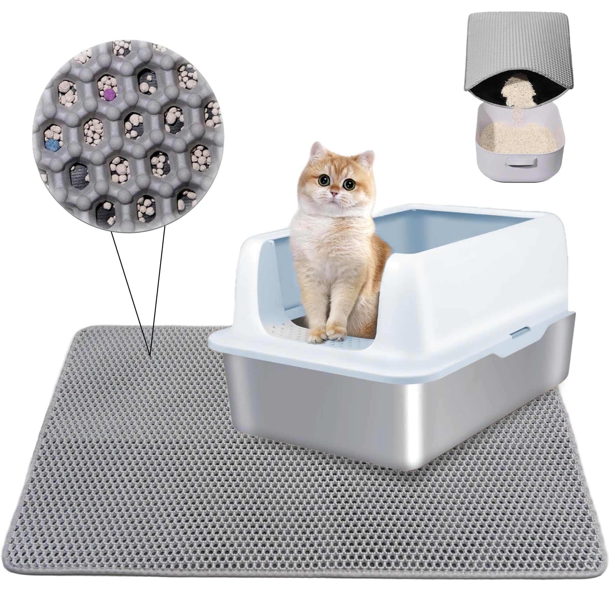 Alfombrilla para arena para gatos, 60 x 90 cm, doble capa, antideslizante, impermeable, con hebilla, color gris