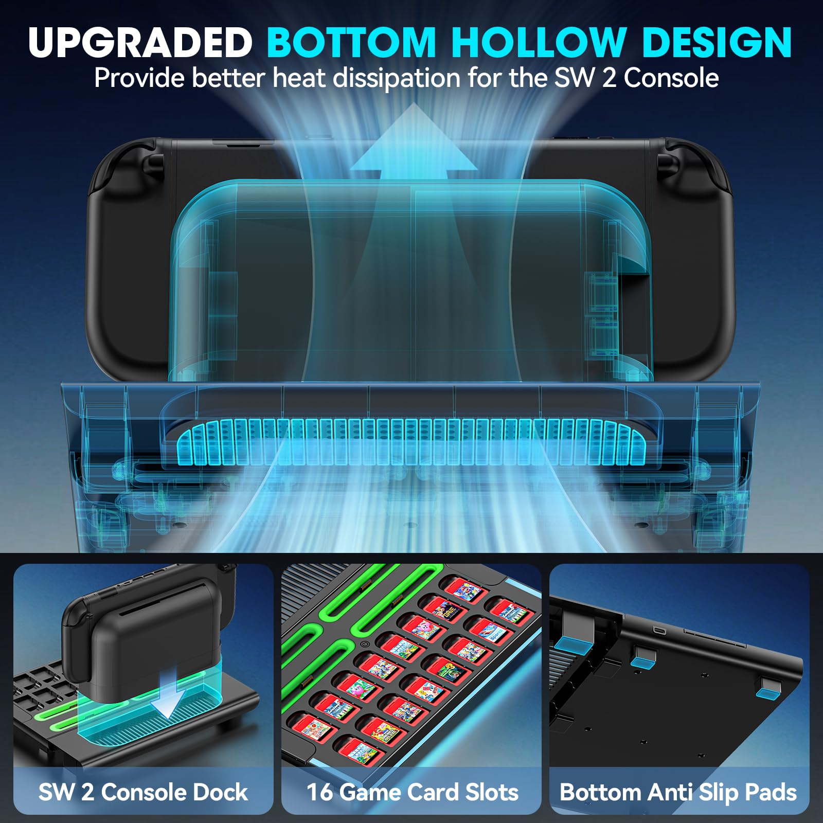 Base di Organizzazione per Switch 2 Controller e Console, Dock di Ricarica Magnetica Joy-con 2 con 9 Modalità RGB, Dock di Archiviazione Nintendo Switch 2 con 16 Slot per Schede di Gioco