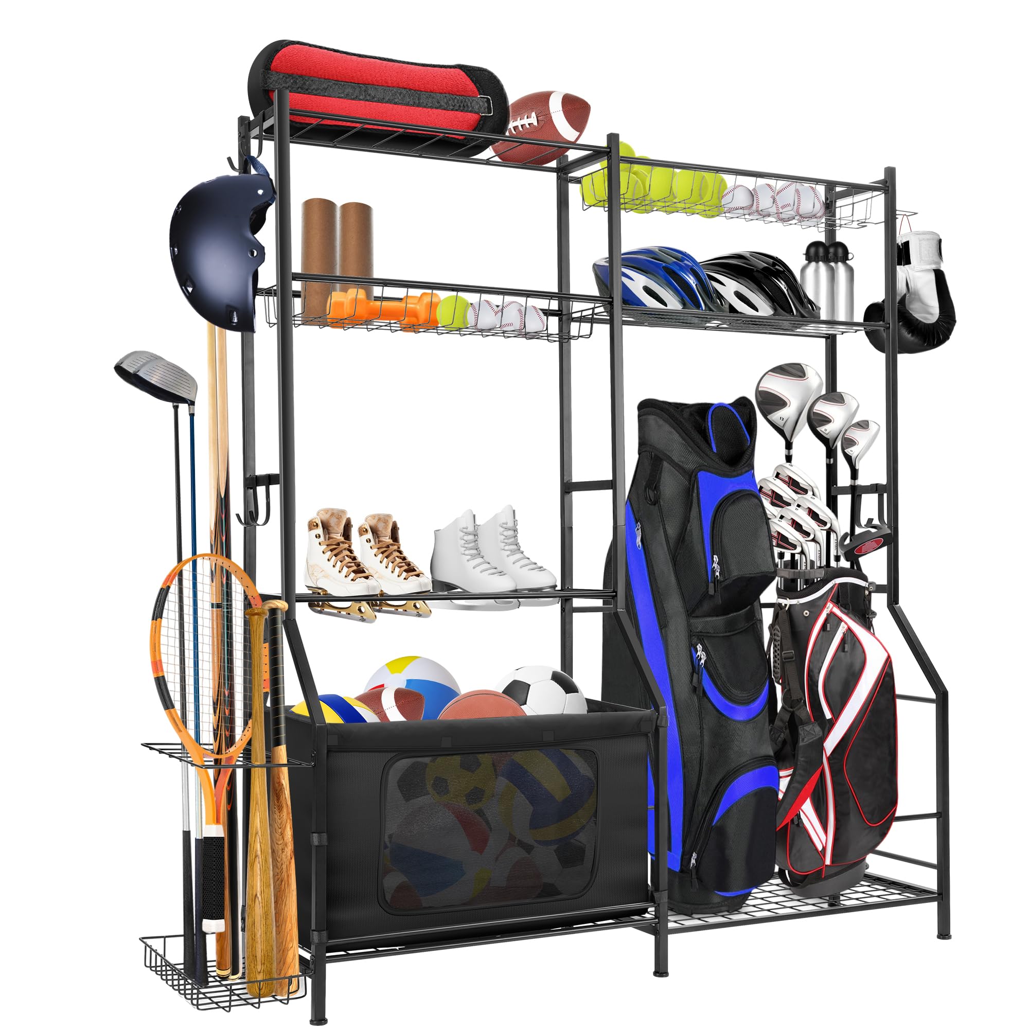 Garage Sports Equipment Organizer, Golf Storage Organizer for Garage, 2 Golf Bag Organizer and Garage Ball Storage Rack, Ball Holder with Removable Ball Storage Bag