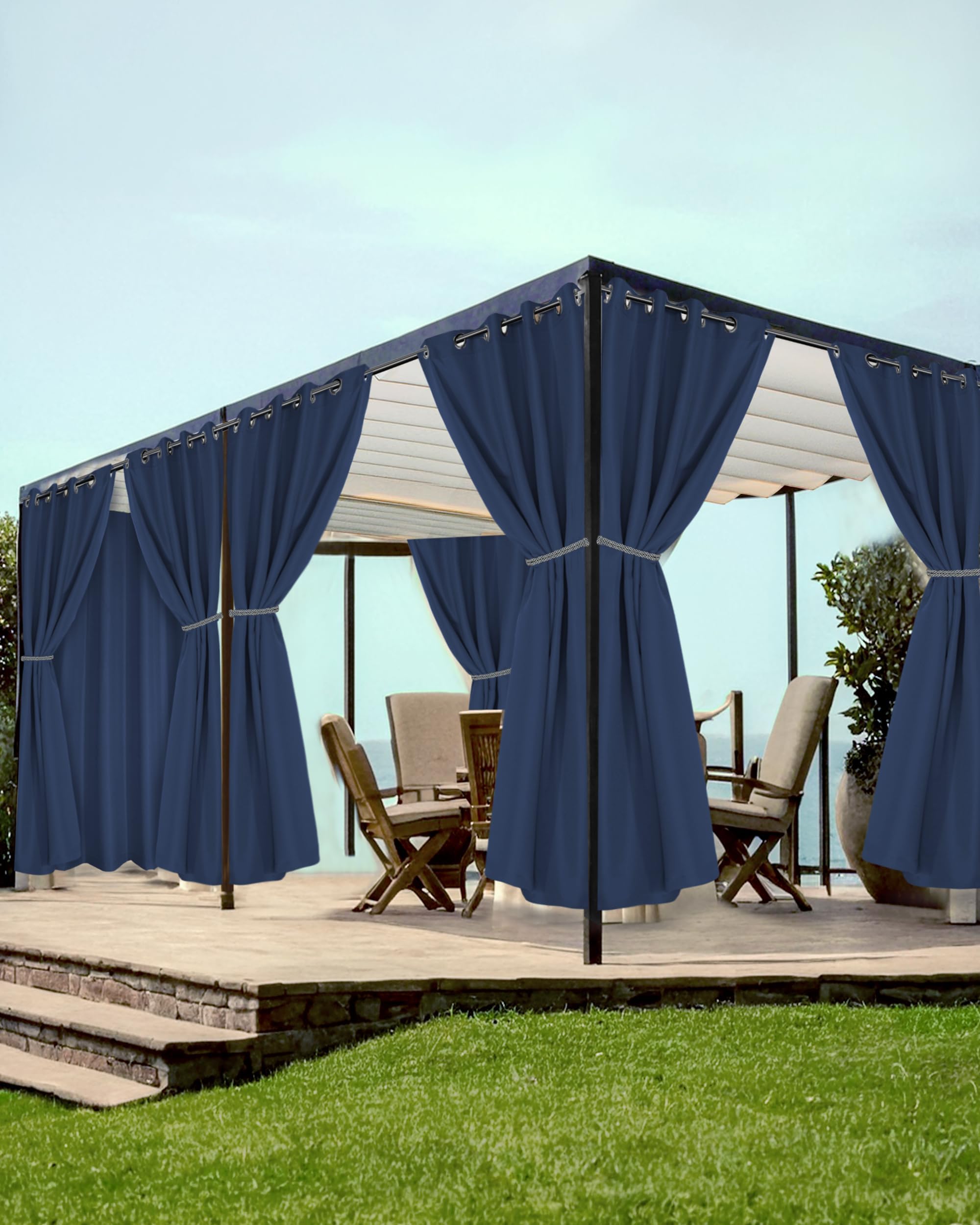 HolidayIdeas Grommet Outdoor Curtains for Patio Waterproof 8 Pcs All Weather Balcony Outside Curtains for Apartments, Gazebo, Pergolas, Porch, 54x95 Inch, Navy