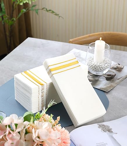 Miniatura 6 de Servilletas decorativas desechables blancas y doradas, paquete de 200 unidades, toallas de papel de lino desechables para baño, servilletas de boda