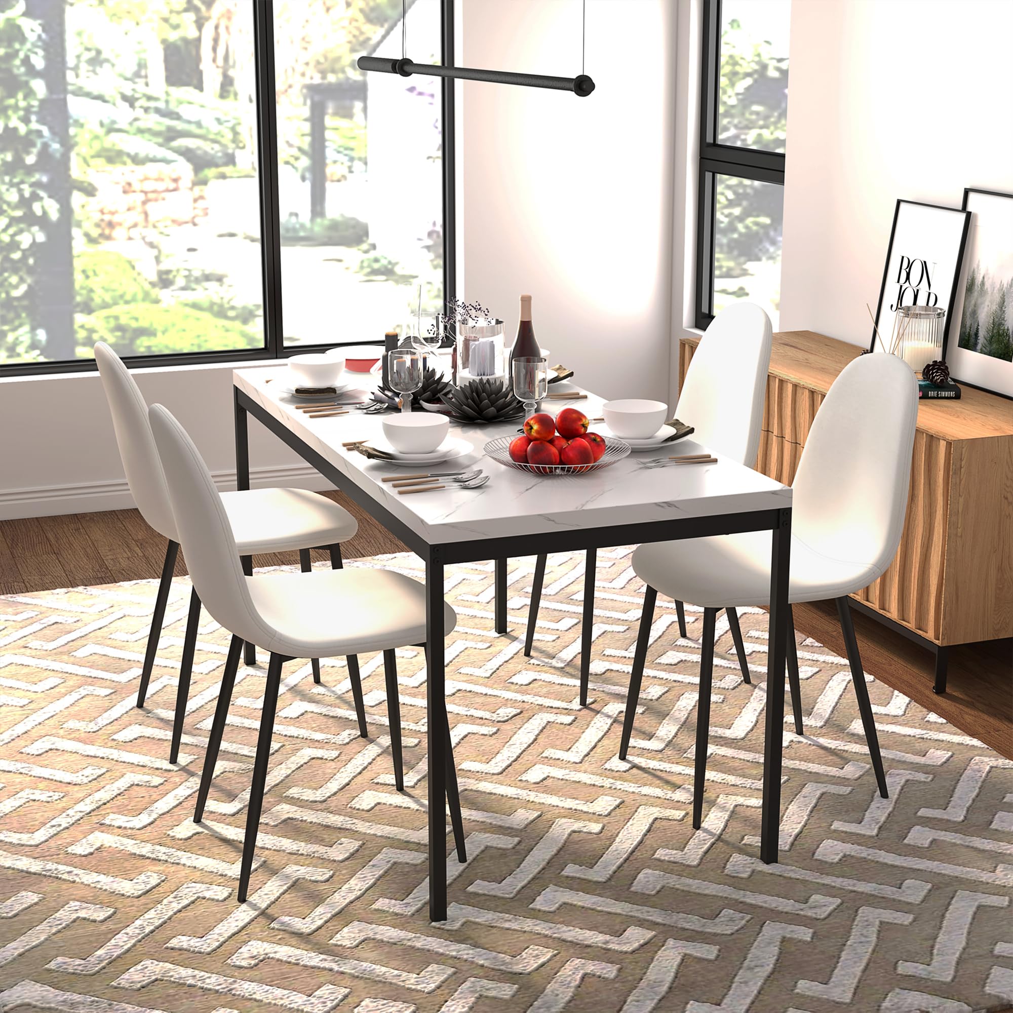 Table de Salle à Manger Élégante en Imitation Marbre Blanc pour 4 à 6 Personnes