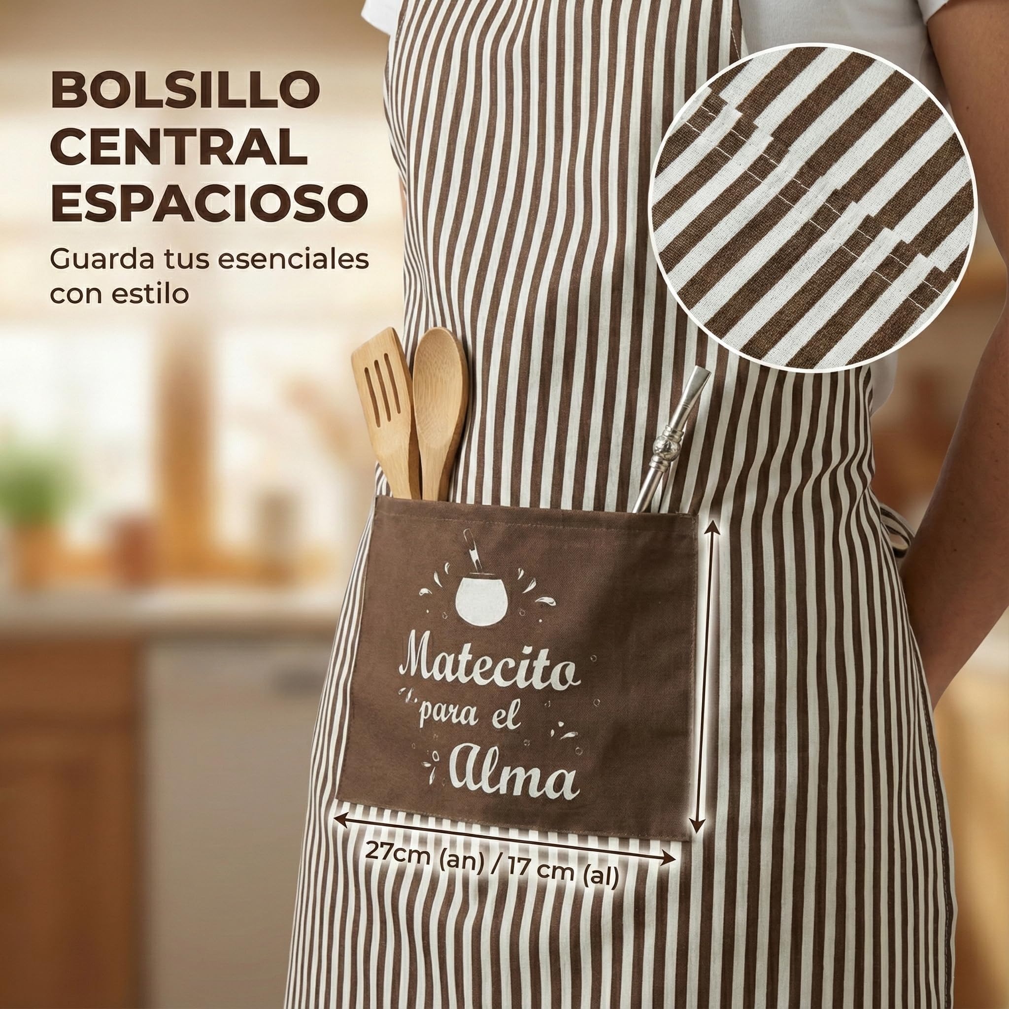 Delantal de Cocina a rayas Frase Matecito para el Alma, Unisex, Ajustable, con Bolsillo, 80x60 cm, Mezcla Resistente Poliéstery Algodón