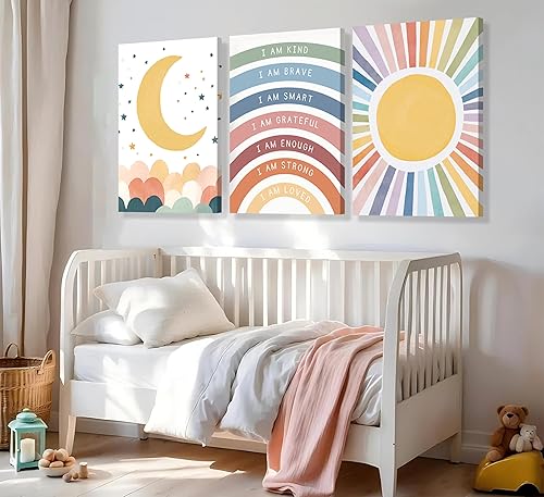 Miniatura 3 de 3 piezas de lienzo inspirador de arco iris, arte de pared, diseño bohemio, sol, luna, estrella, fotos, frases motivacionales, afirmaciones positivas