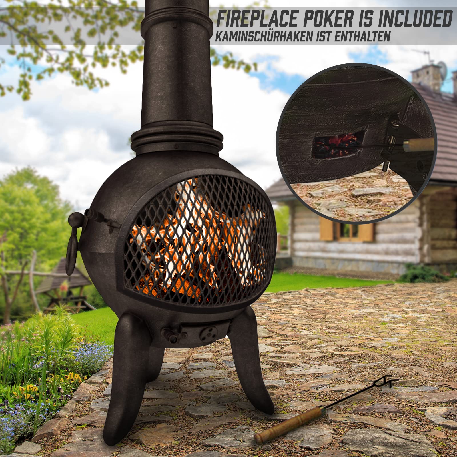 Jago® Cheminée d'Extérieur - avec Trappe Grillagée, 108 cm de Hauteur, en Fonte, Vintage Design, avec Tisonnier - Brasero, Poêle d'Extérieur, Terrasse, Jardin