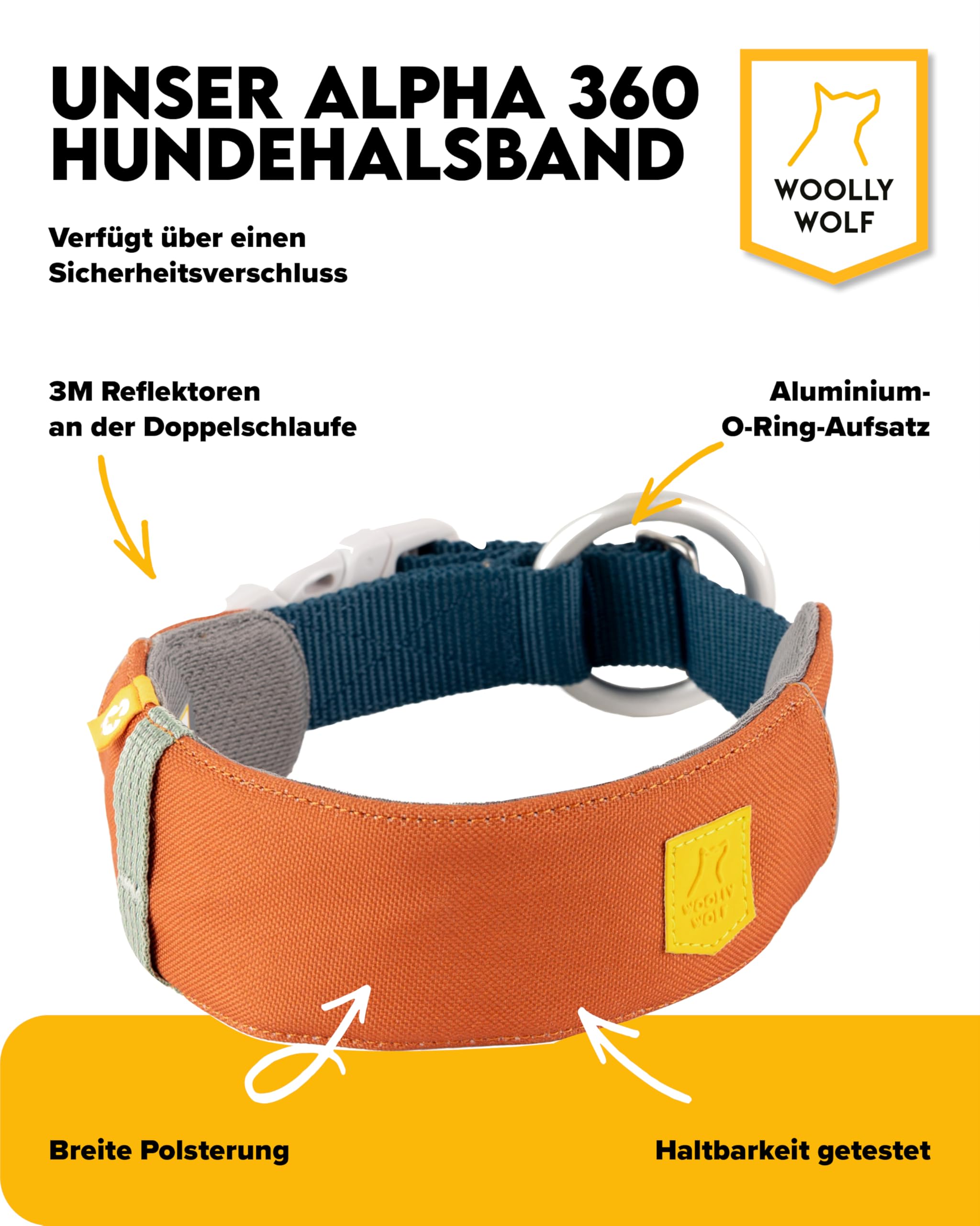 Woolly Wolf Alpha 360 LED Hundehalsband kleine Hunde S Terracotta Mix – Halsband aus 100% recyeltem Polyester mit sanfter, Ultra-Leichter Mesh-Polsterung