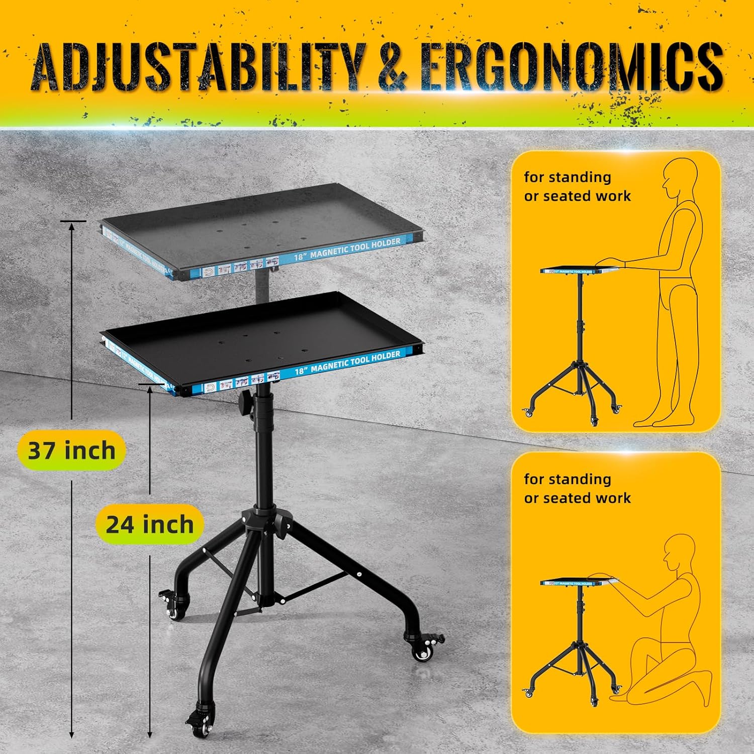 Adjustable Height Rolling Tool Cart with Wheels, Rolling Work Table with Magnetic Strip Mobile Work Table Rolling Utility Cart Mechanic Tool Trays Storage Organizer for Garage, Bike Workshop
